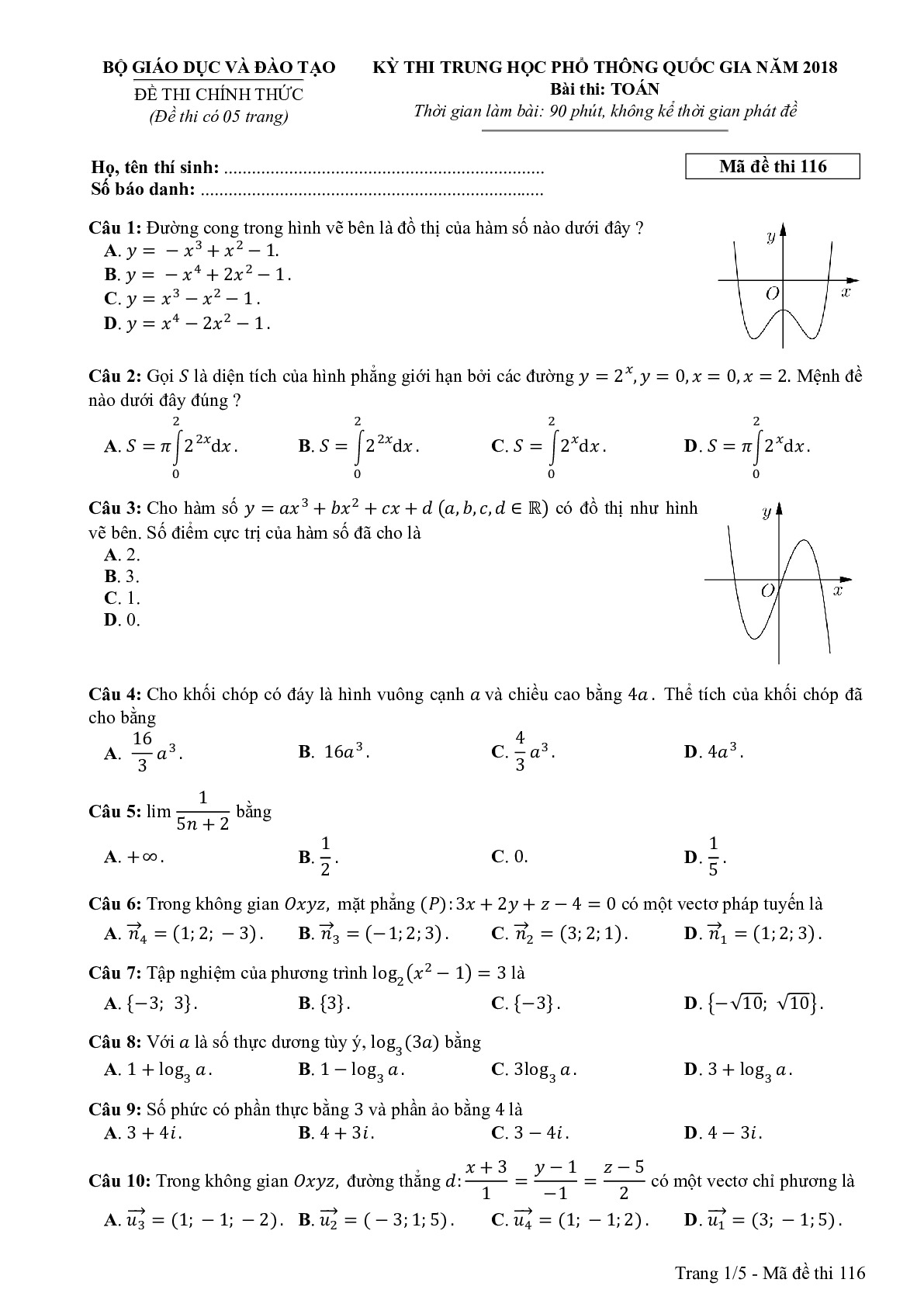 Đề thi chính thức THPTQG năm 2018 môn Toán mã đề 116-124