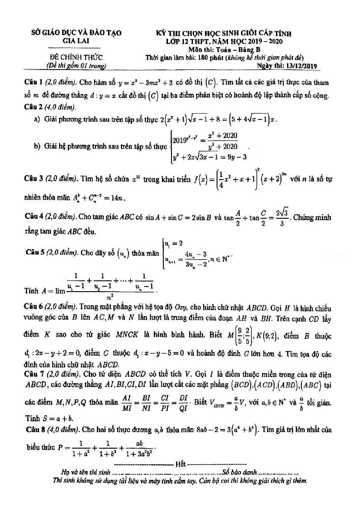 Đề thi học sinh giỏi tỉnh Toán 12 THPT năm 2019 – 2020 sở GD&ĐT Gia Lai