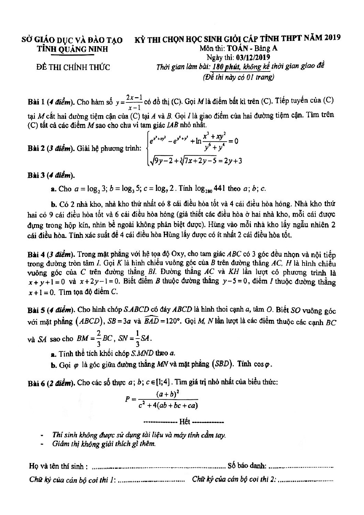 Đề thi chọn HSG cấp tỉnh Toán 12 THPT năm 2019 sở GD&ĐT Quảng Ninh