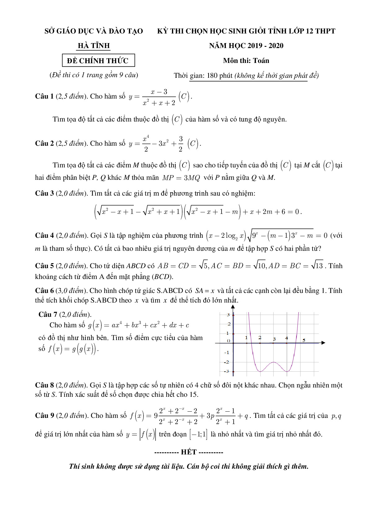 Đề thi chọn học sinh giỏi tỉnh Toán 12 năm 2019 – 2020 sở GD&ĐT Hà Tĩnh