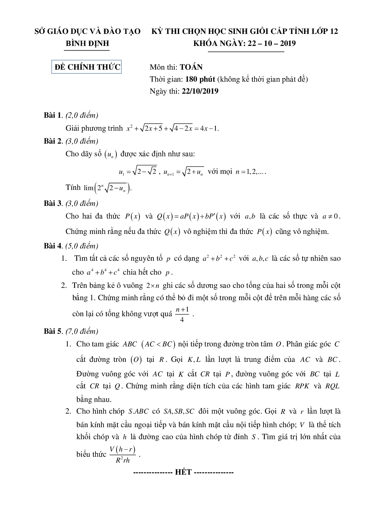 Đề chọn học sinh giỏi tỉnh Toán 12 năm 2019 – 2020 sở GD&ĐT Bình Định