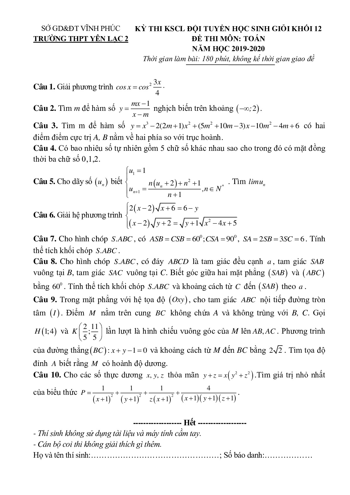 Đề thi học sinh giỏi Toán 12 năm 2019 – 2020 trường Yên Lạc 2 – Vĩnh Phúc