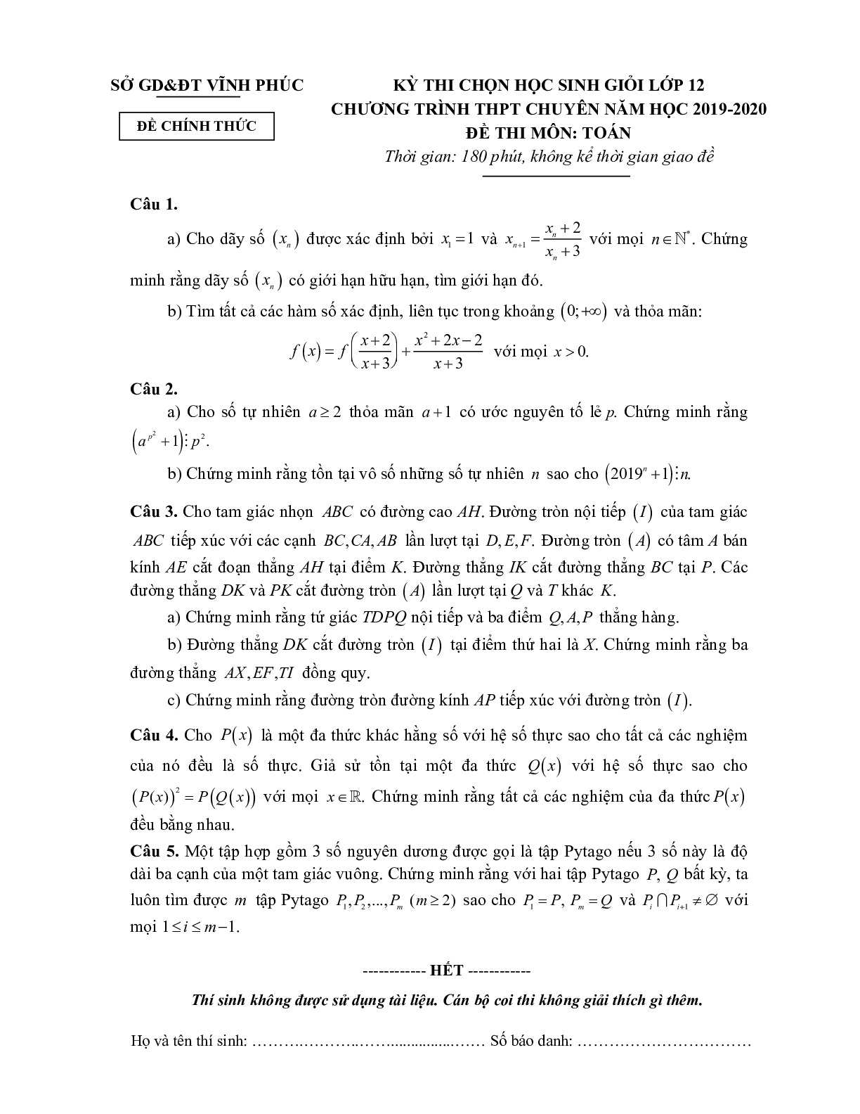 Đề thi HSG Toán 12 THPT chuyên năm học 2019 – 2020 sở GD&ĐT Vĩnh Phúc