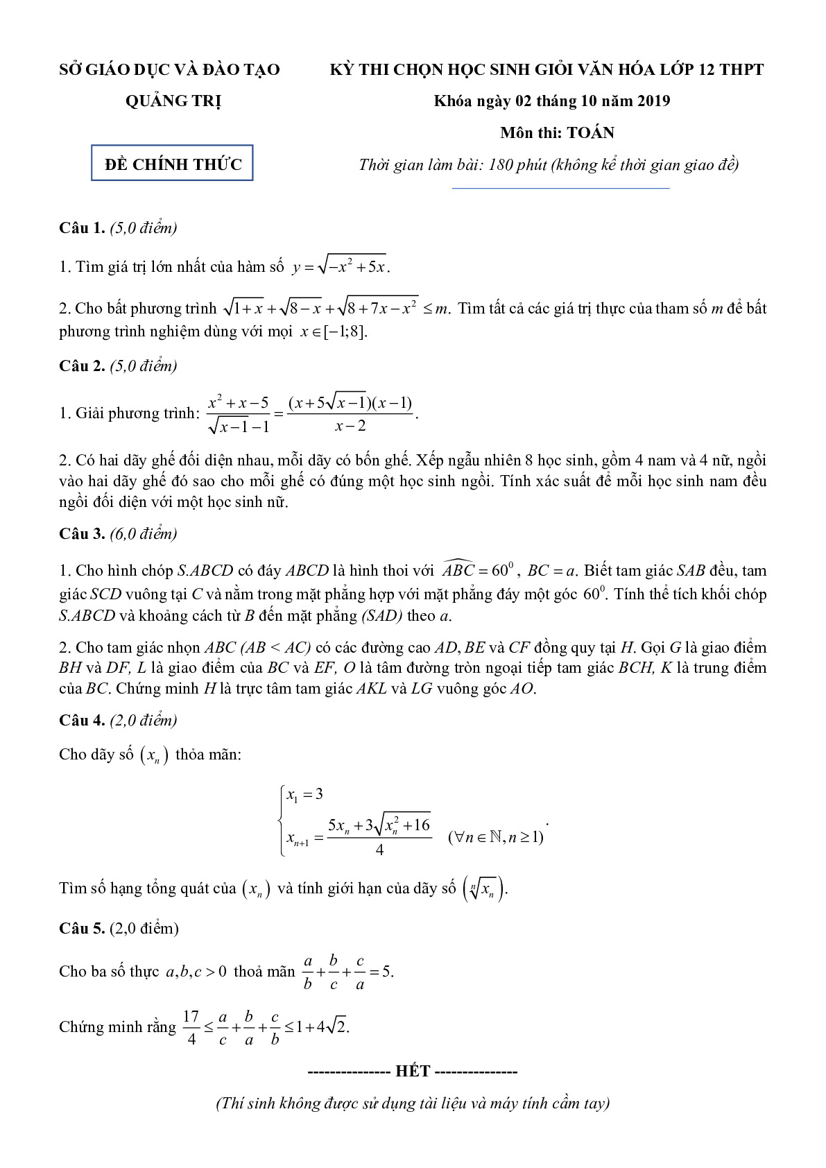 Đề thi chọn học sinh giỏi Toán 12 năm 2019 – 2020 sở GD&ĐT Quảng Trị