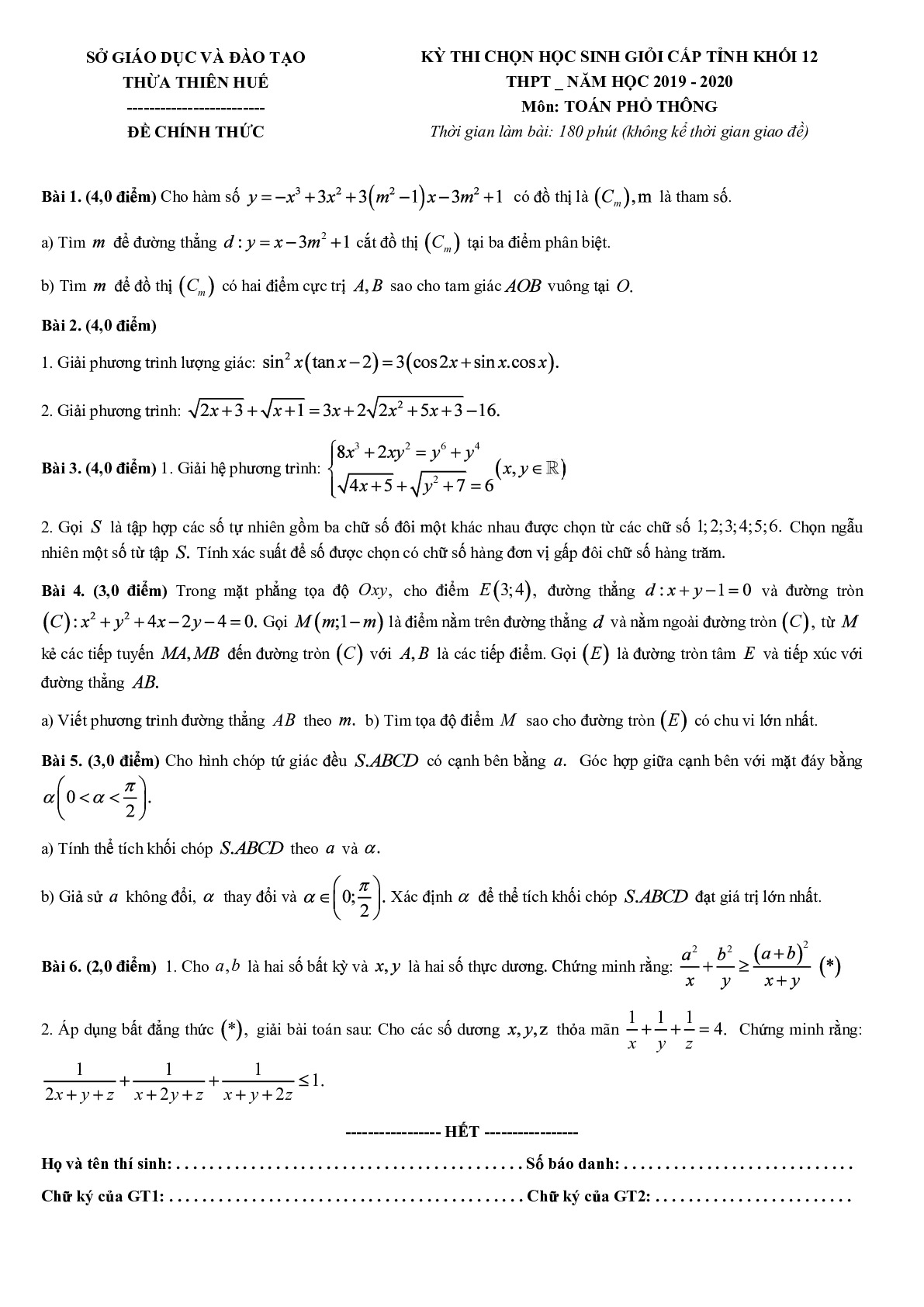 Đề thi chọn HSG tỉnh Toán 12 năm 2019 – 2020 sở GD&ĐT Thừa Thiên Huế