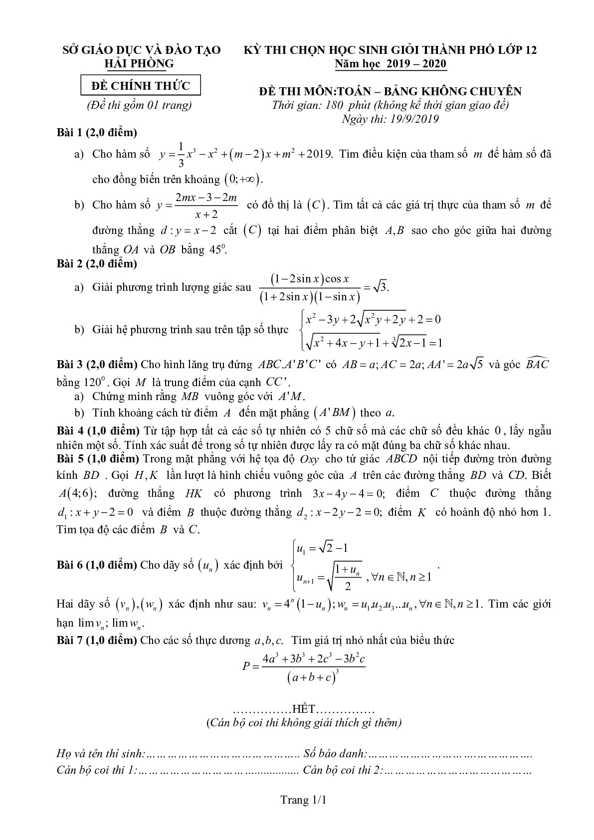 Đề chọn HSG thành phố Toán 12 năm 2019 – 2020 sở GD&ĐT Hải Phòng