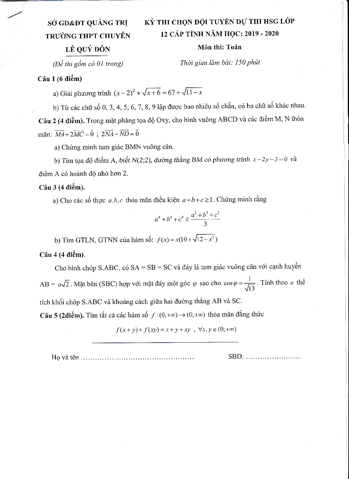 Đề thi chọn HSG Toán 12 năm 2019 – 2020 trường chuyên Lê Quý Đôn – Quảng Trị