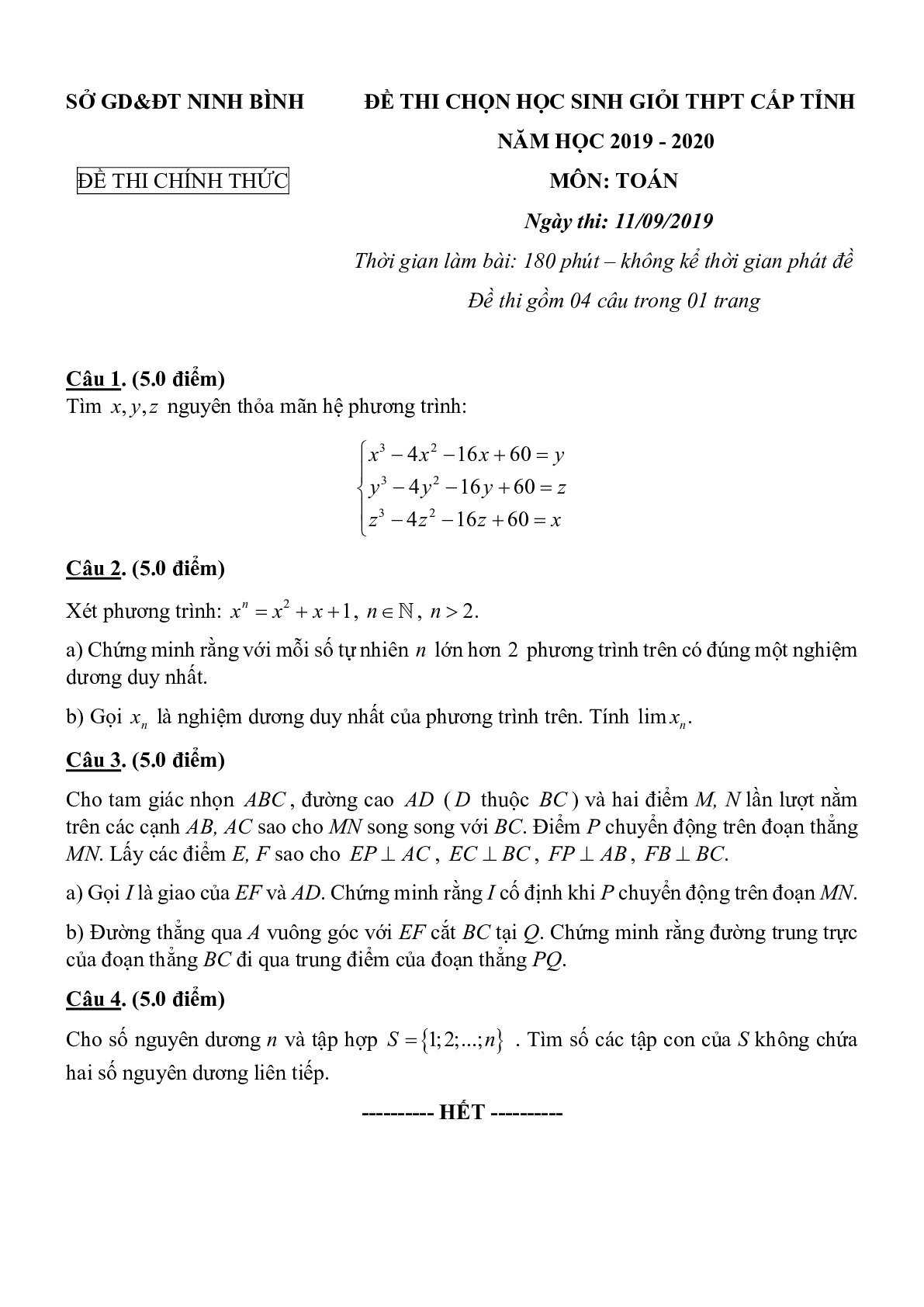 Đề thi chọn HSG Toán THPT cấp tỉnh năm 2019 – 2020 sở GD&ĐT Ninh Bình