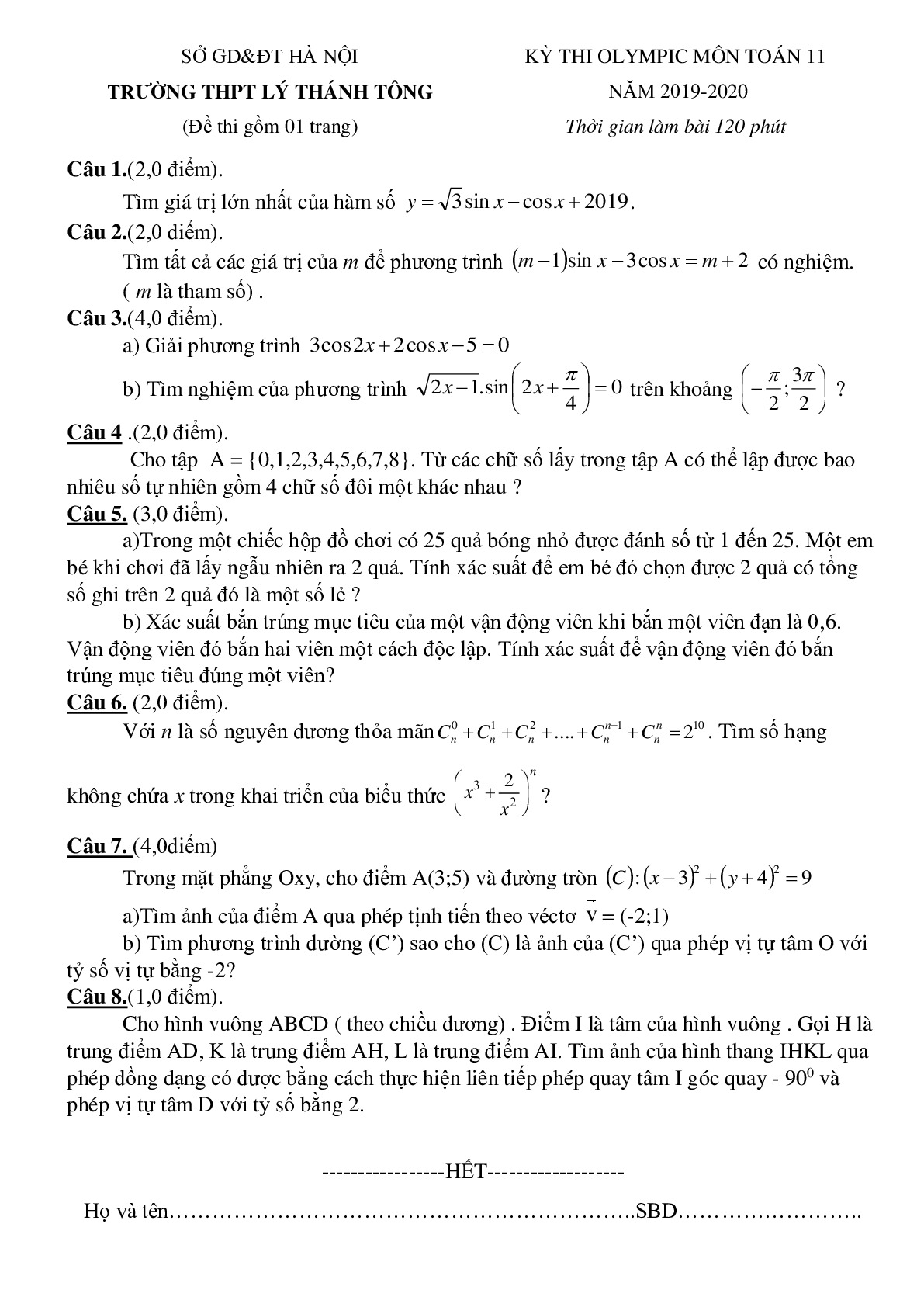 Đề thi Olympic Toán 11 năm 2019 – 2020 trường Lý Thánh Tông – Hà Nội