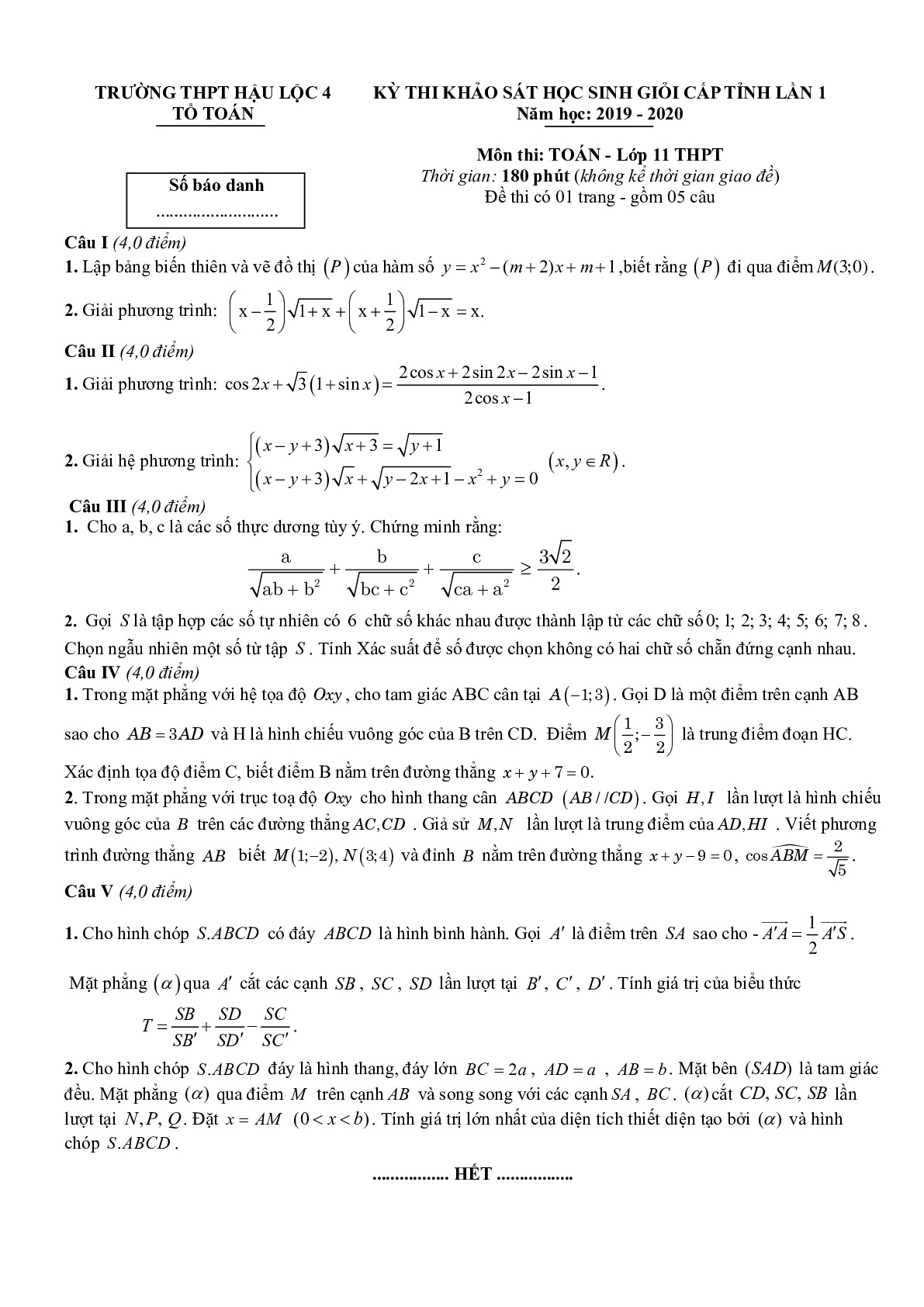 Đề khảo sát HSG Toán 11 lần 1 năm 2019 – 2020 trường Hậu Lộc 4 – Thanh Hóa