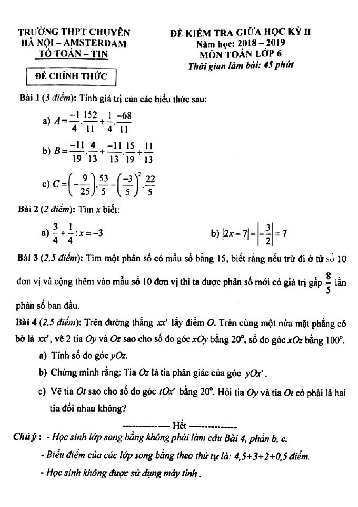 Đề kiểm tra giữa HK2 Toán 6 năm 2018 – 2019 trường chuyên Hà Nội – Amsterdam
