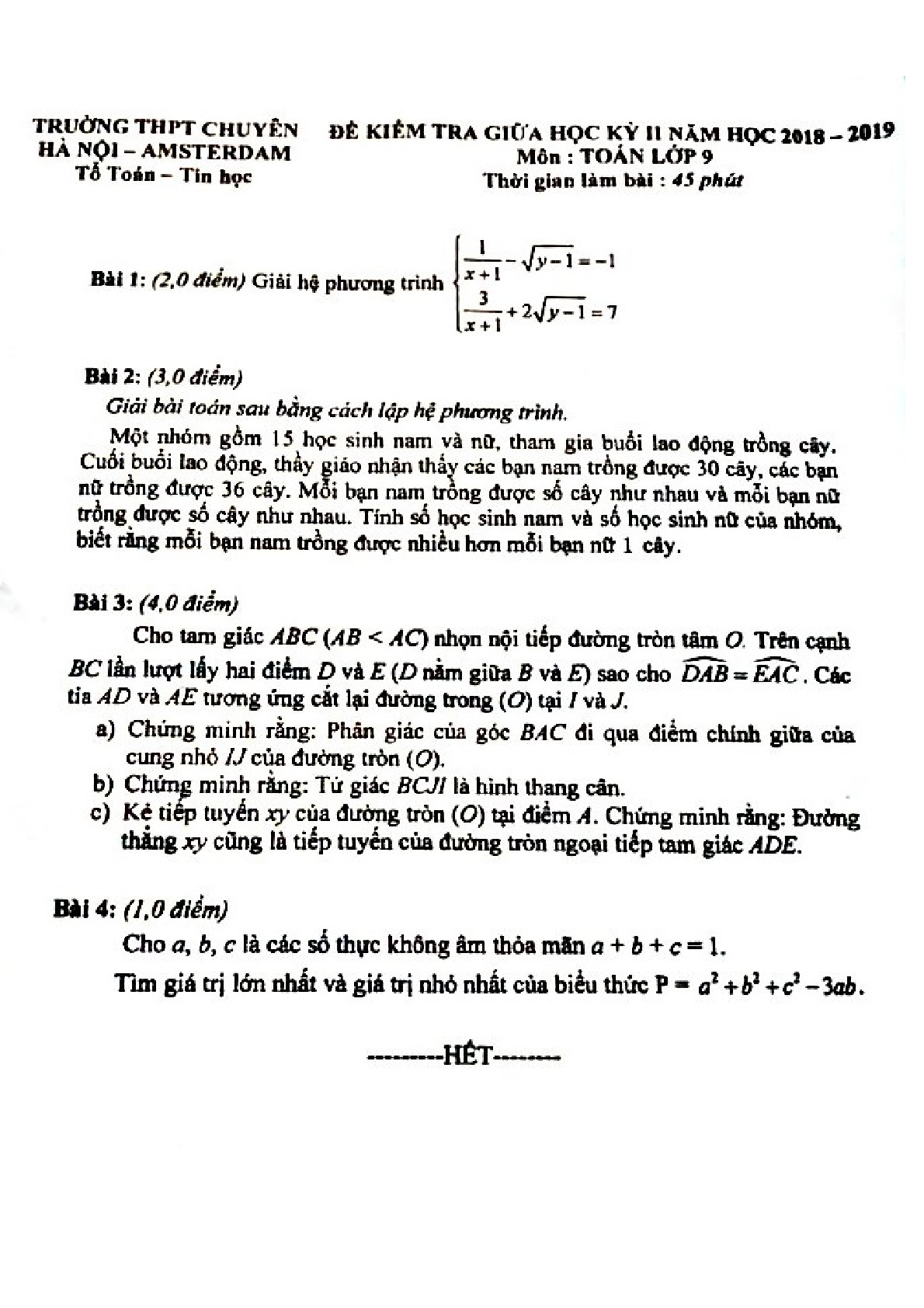 Đề kiểm tra giữa HK2 Toán 9 năm 2018 – 2019 trường chuyên Hà Nội – Amsterdam