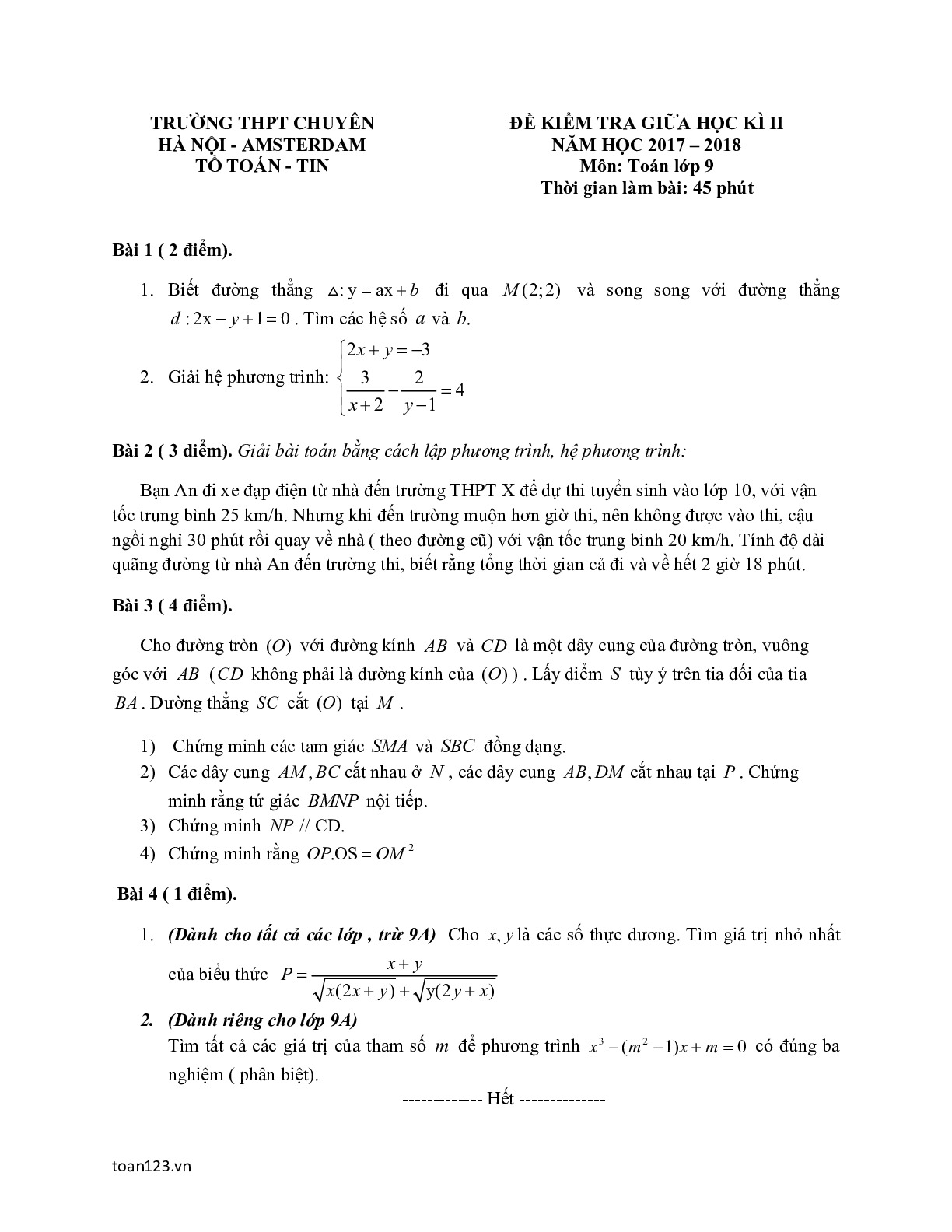 Toán 9 - Đề thi giữa HK2 Chuyên AMSTERDAM năm 2017-2018