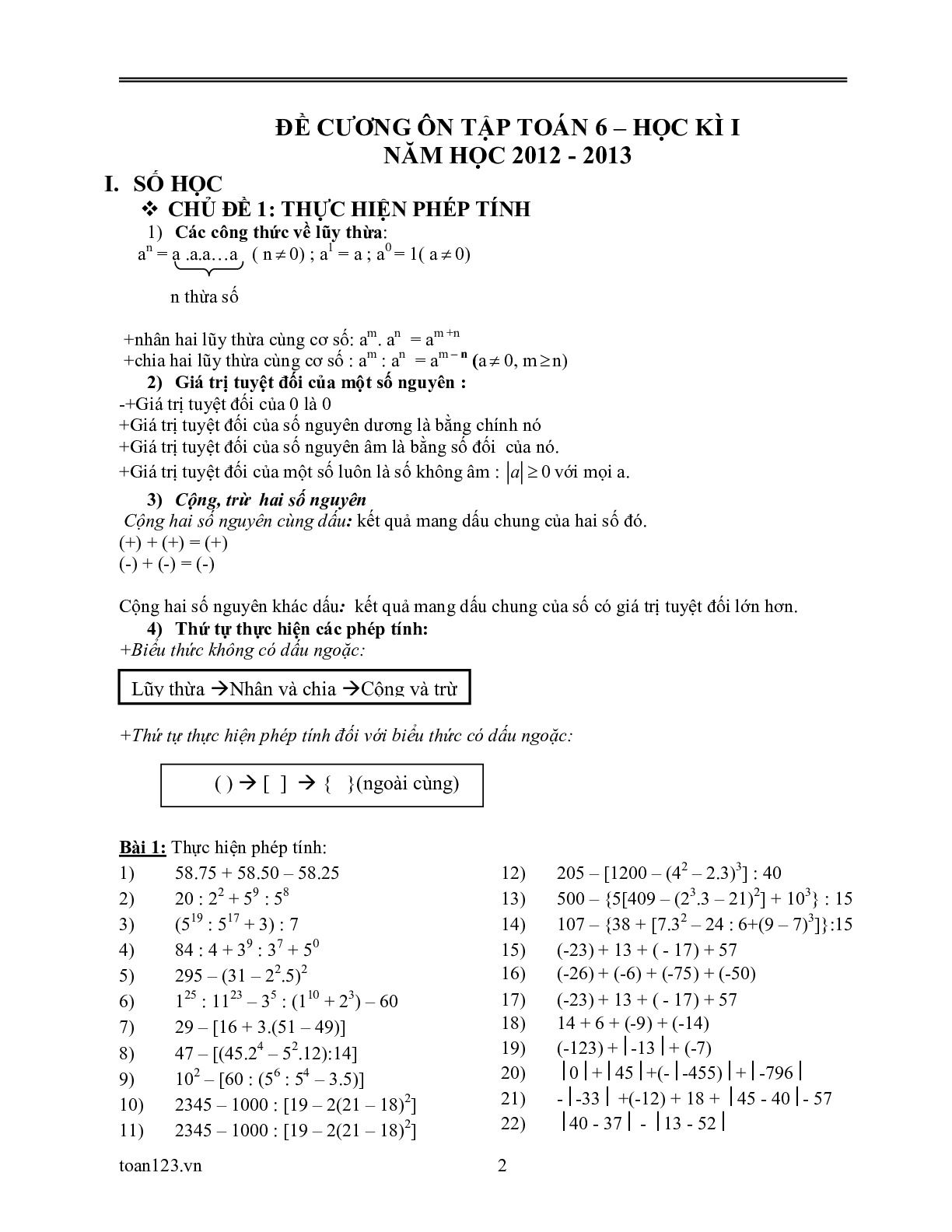 Toán 6: Đề cương HK1 năm 2012-2013