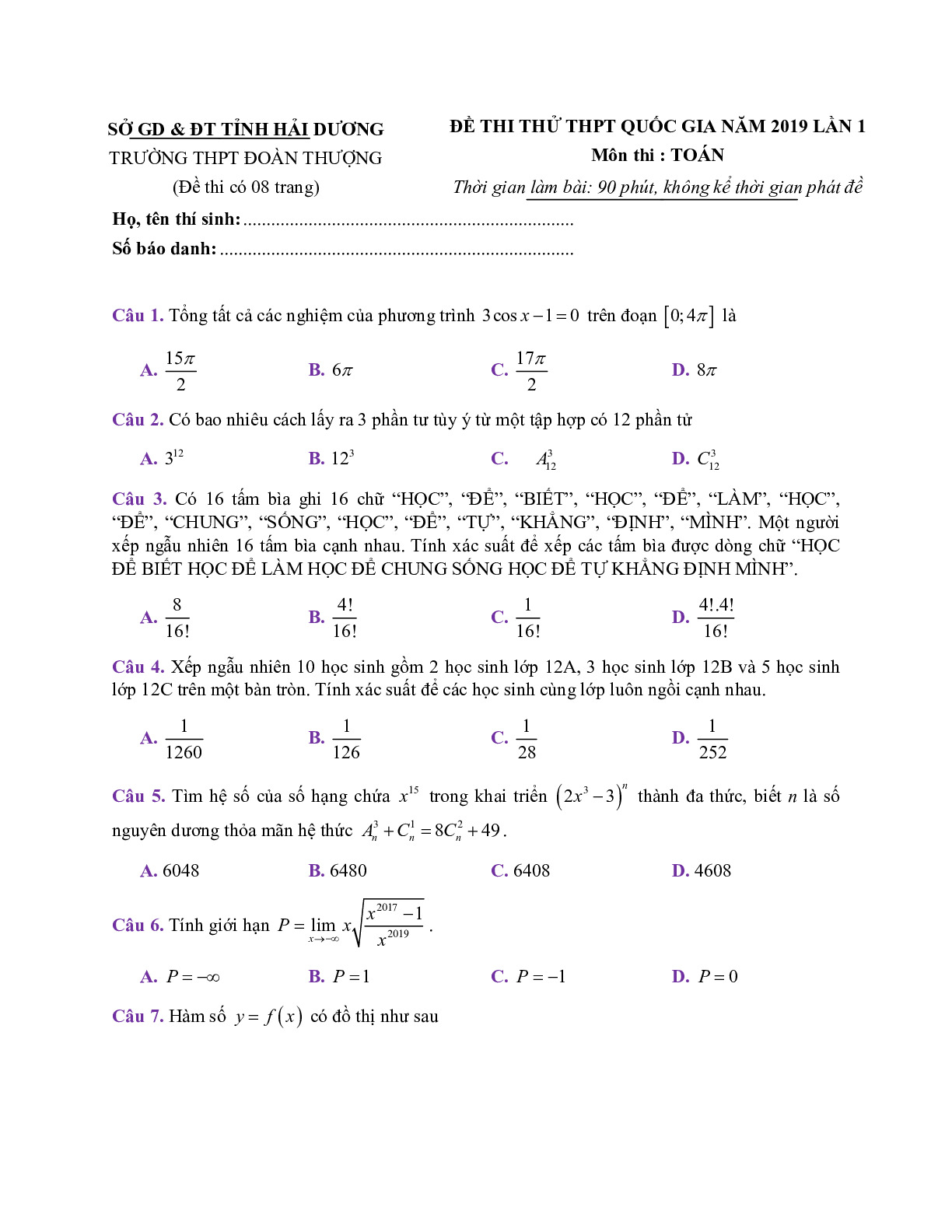 Toán 12: Đề thi thử THPTQG Đoàn Thượng – Hải Dương - Lần 1 năm 2018 - 2019 có đáp án chi tiết