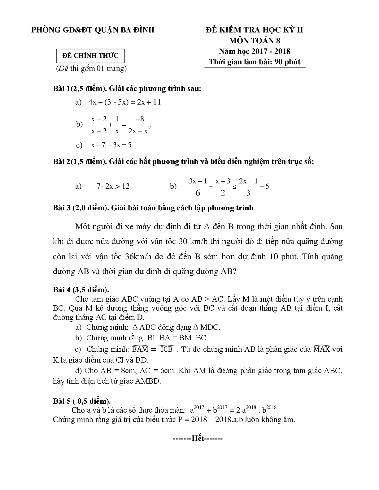 Đề thi hk2(có đáp án) môn Toán lớp 8 quận Ba Đình Hà Nội năm 2018