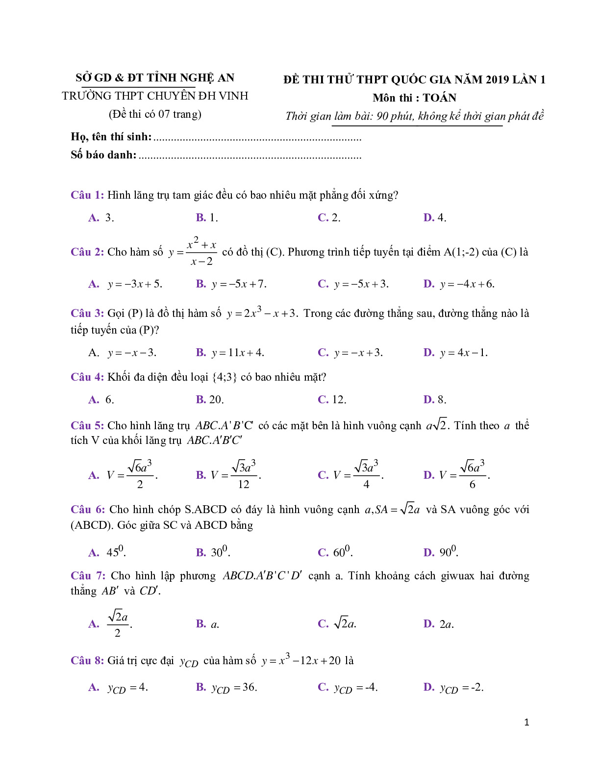 Toán 12: Đề thi thử THPTQG chuyên Đại học Vinh năm 2018 - 2019 có đáp án chi tiết