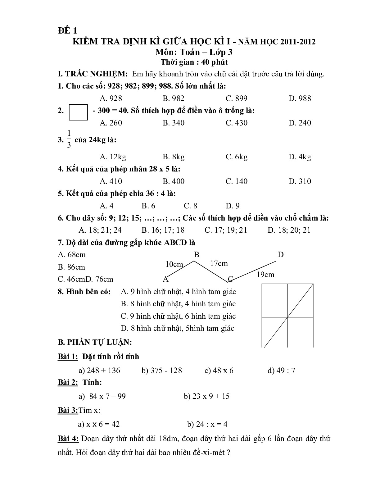 Toán 3 - Tuyển tập các đề kiểm tra giữa HK1