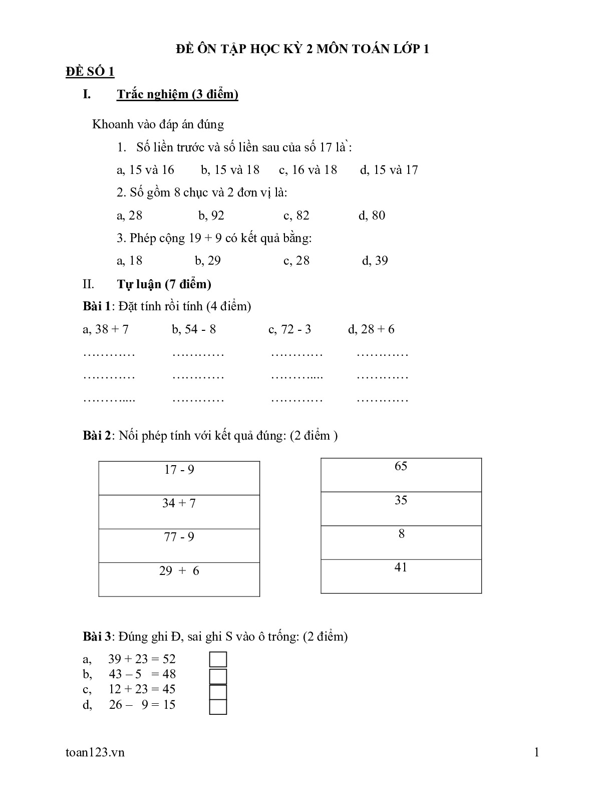 Toán 1 - Đề ôn tập HK2