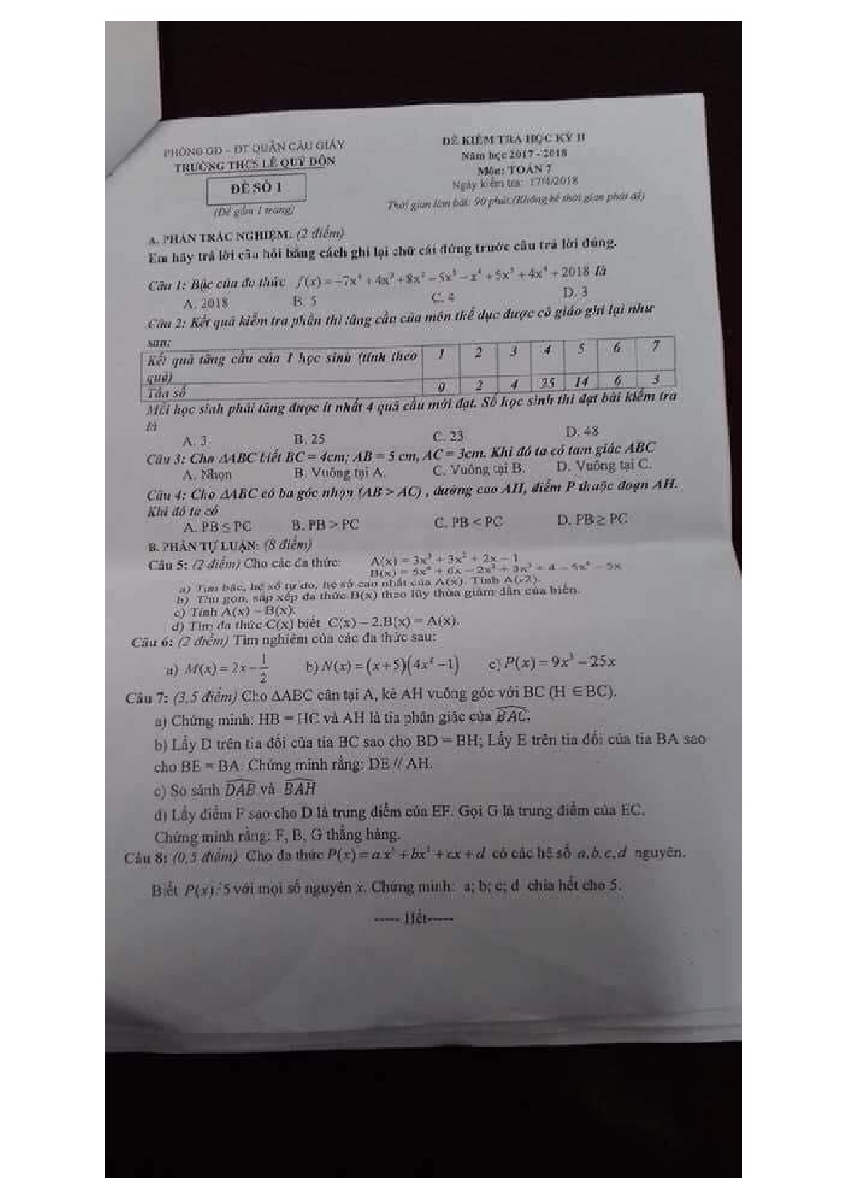 Đề thi học kì 2 môn Toán 7 các trường tại Hà Nội năm 2018