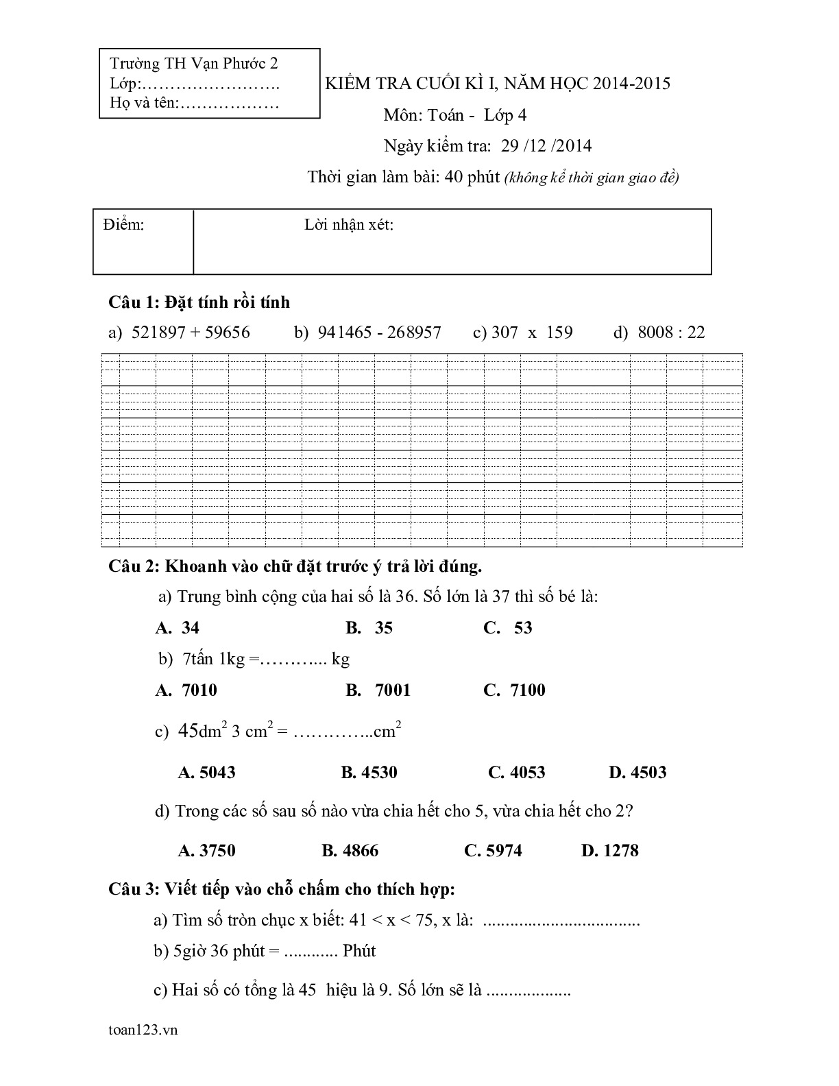 Toán 4 - Đề Kiểm tra cuối HK1 TH Vạn Phước 2 năm 2014 - 2015