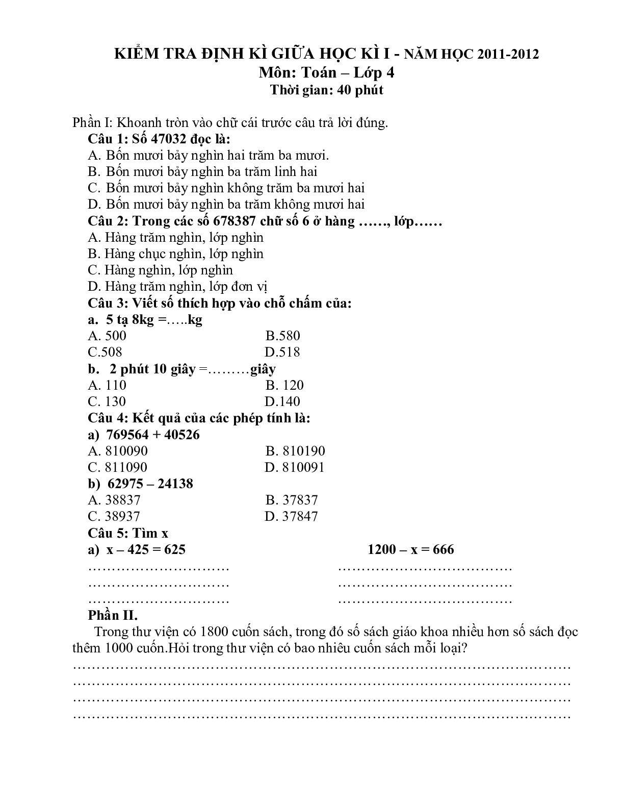 Toán 4 - Đề kiểm tra giữa HK1