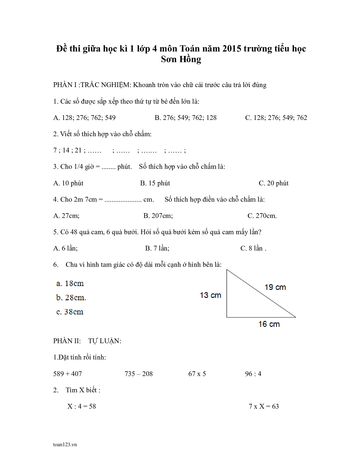 Toán 4 - Đề thi giữa HK1 TH Sơn Hồng năm 2015