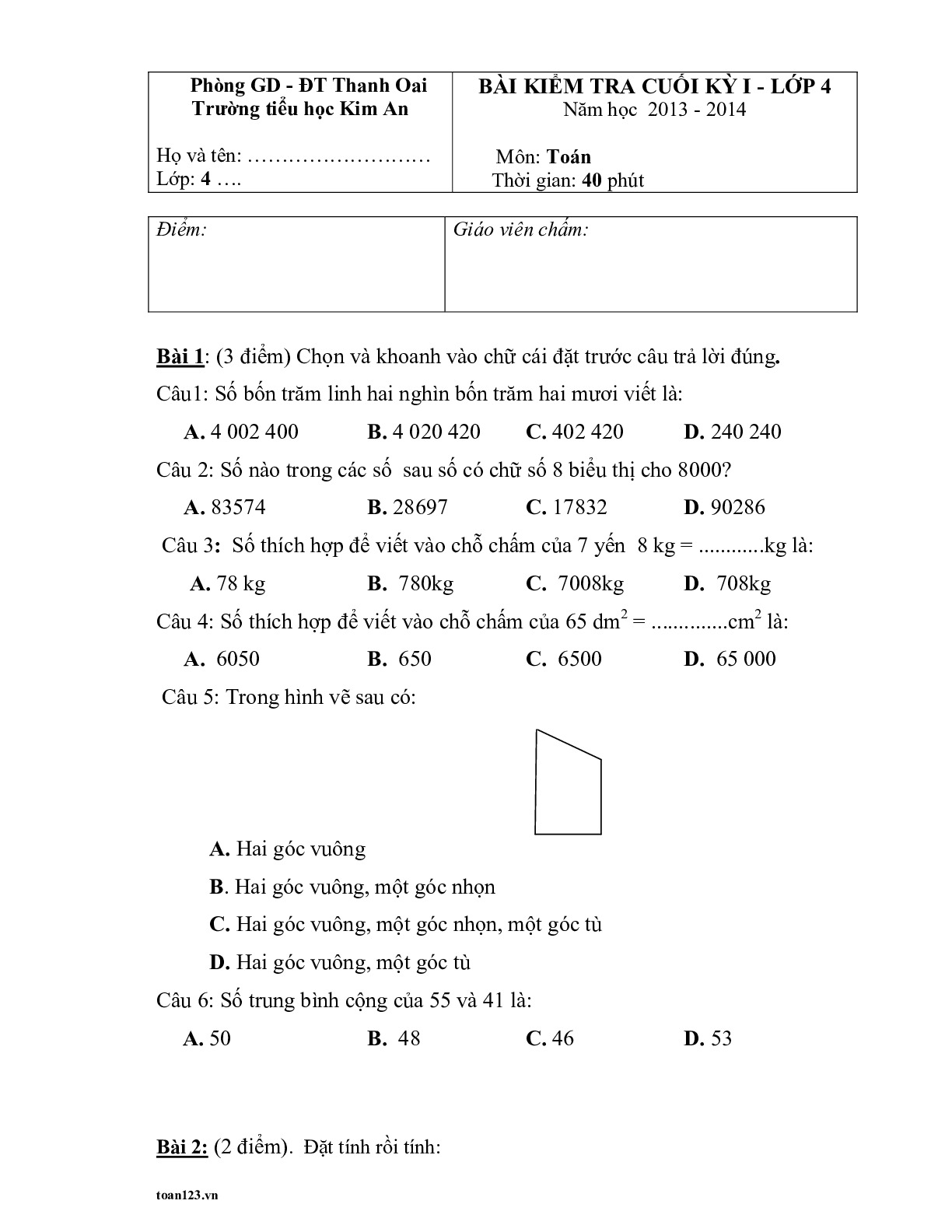 Toán 4 - Đề thi HK1 TH Kim An