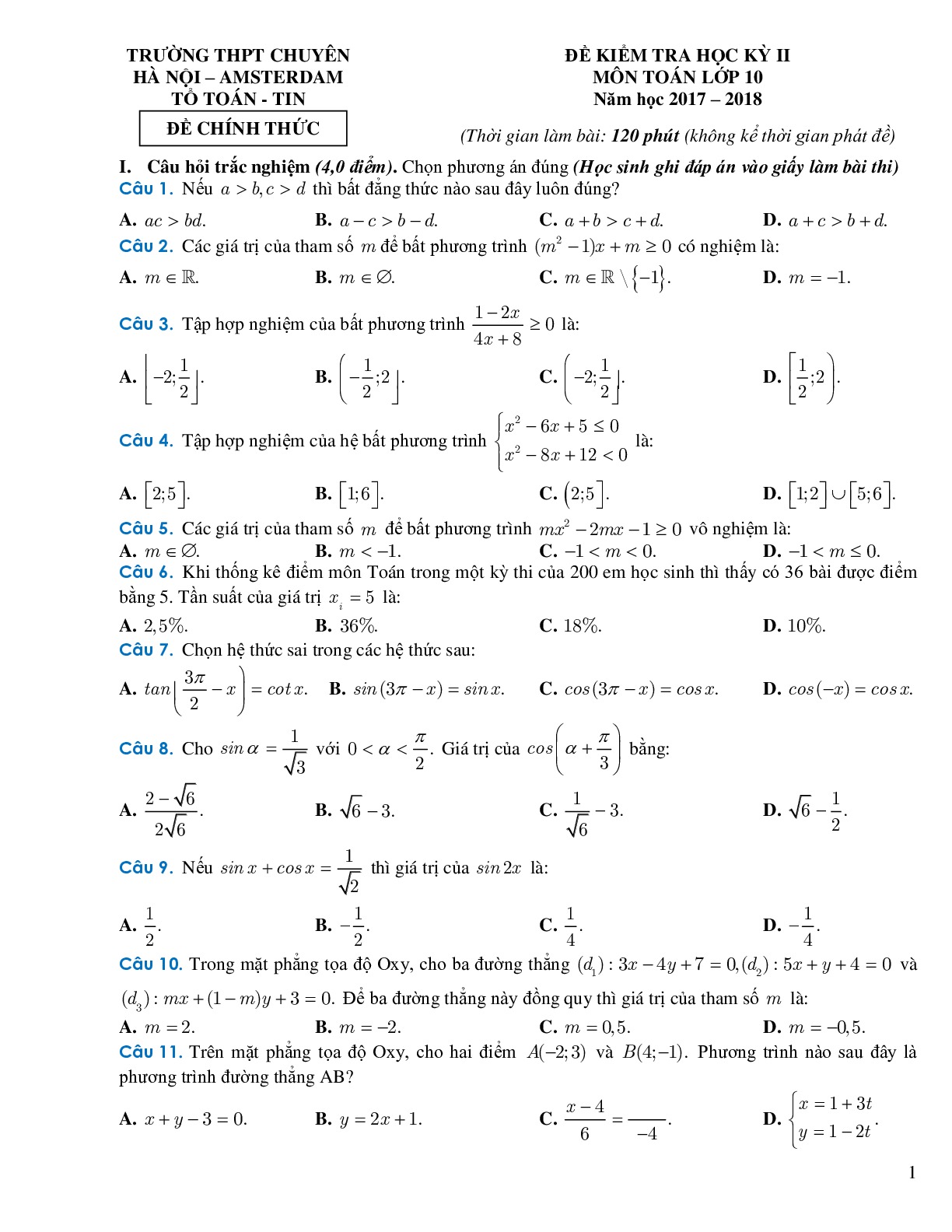 Đề thi học kì 2(có đáp án) môn Toán lớp 10 THPT chuyên Hà Nội Amsterdam năm 2018