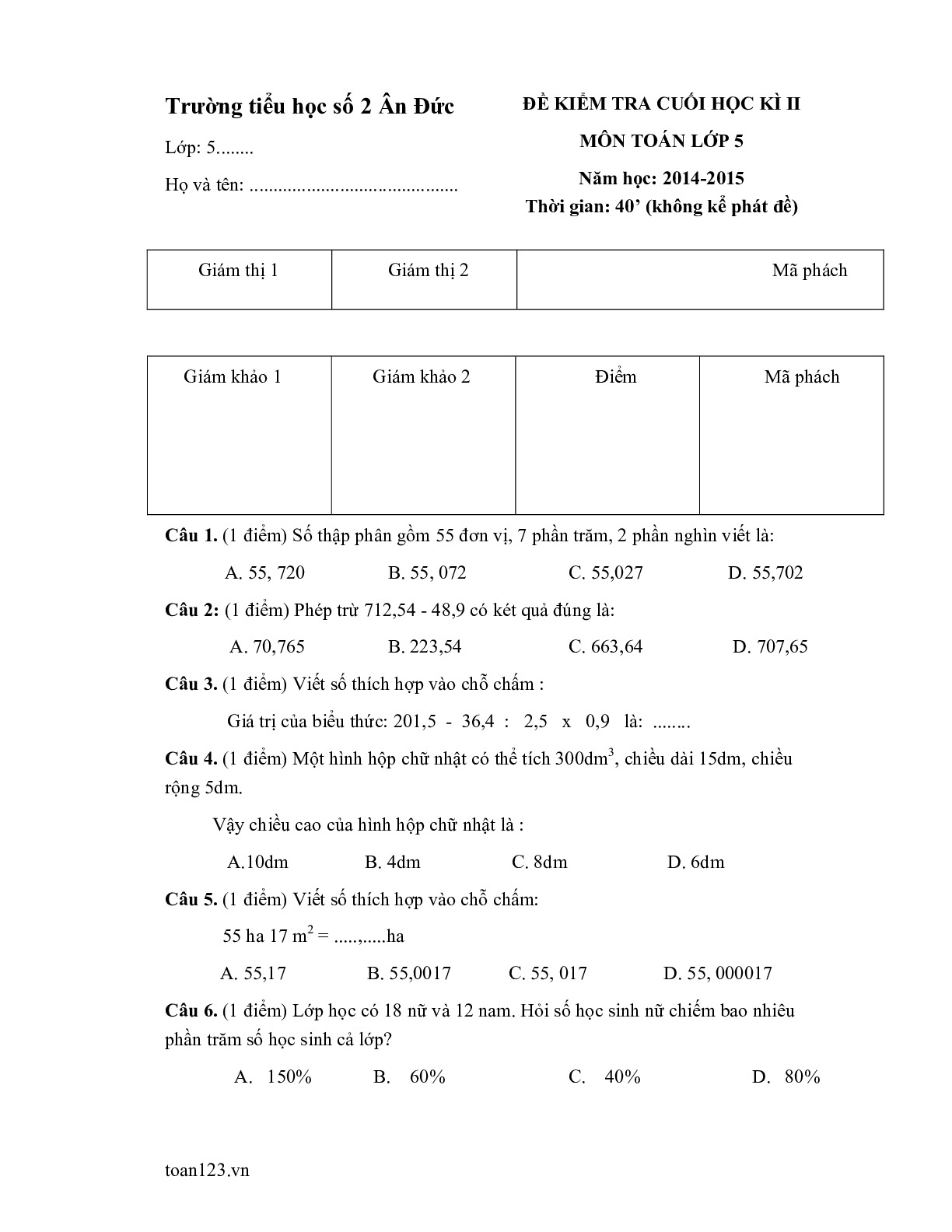 Toán 5 - Đề kiểm tra cuối HK2 TH Ân Đức