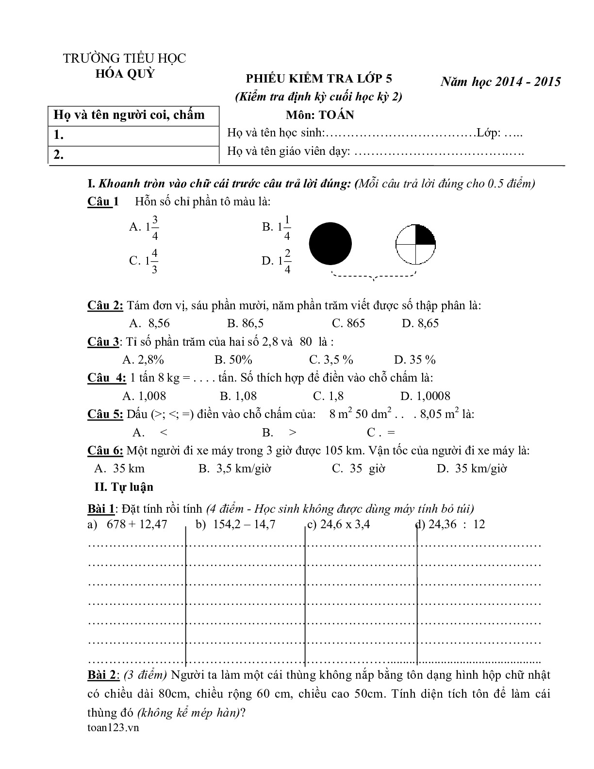 Toán 5 - Ôn tập HK2 phần 1