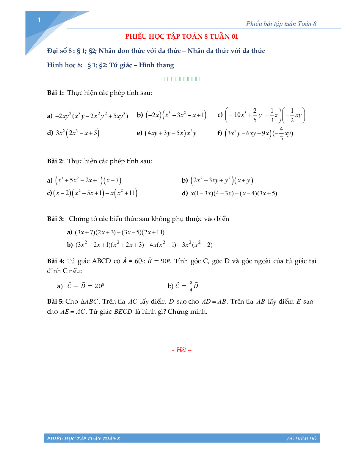 Toán 8 - Phiếu học tập tuần 1