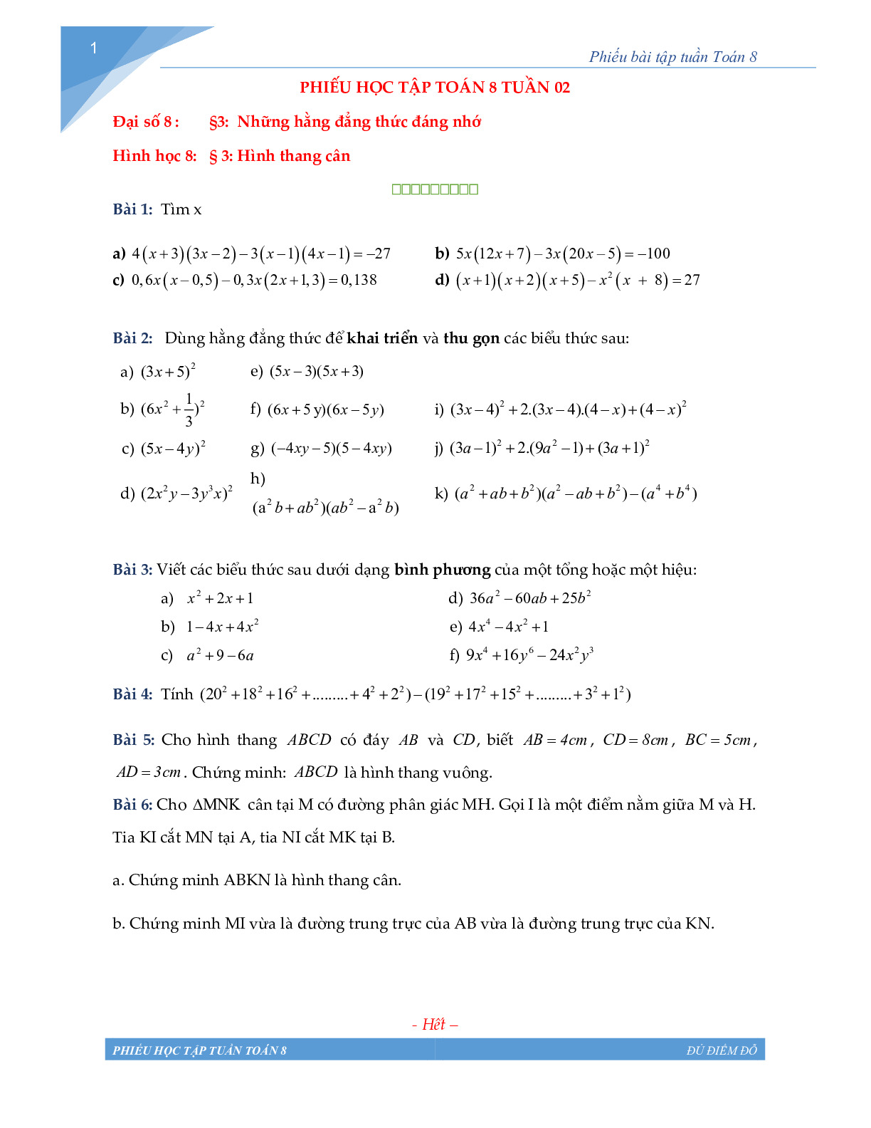 Toán 8 - Phiếu học tập tuần 2