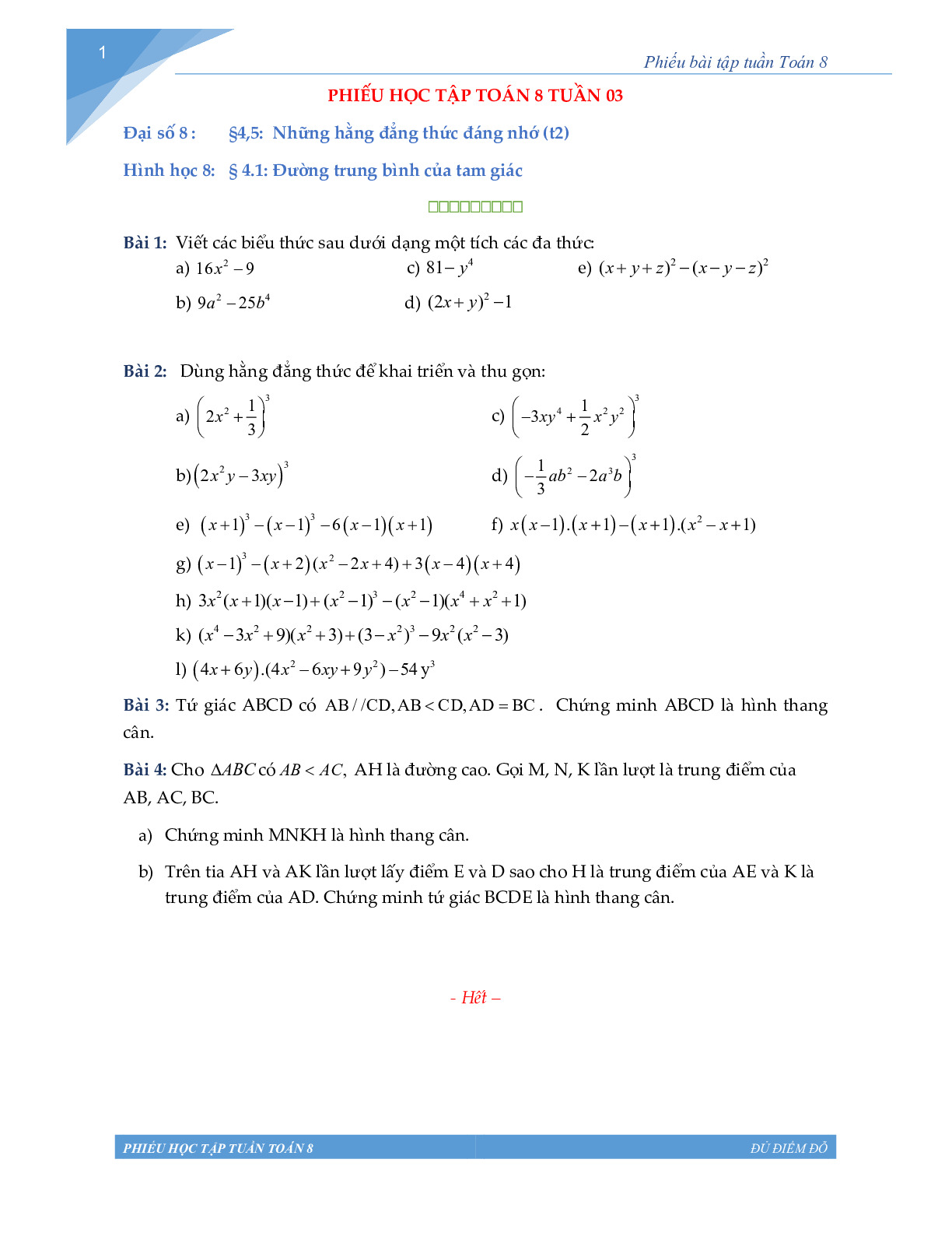 Toán 8 - Phiếu học tập tuần 3