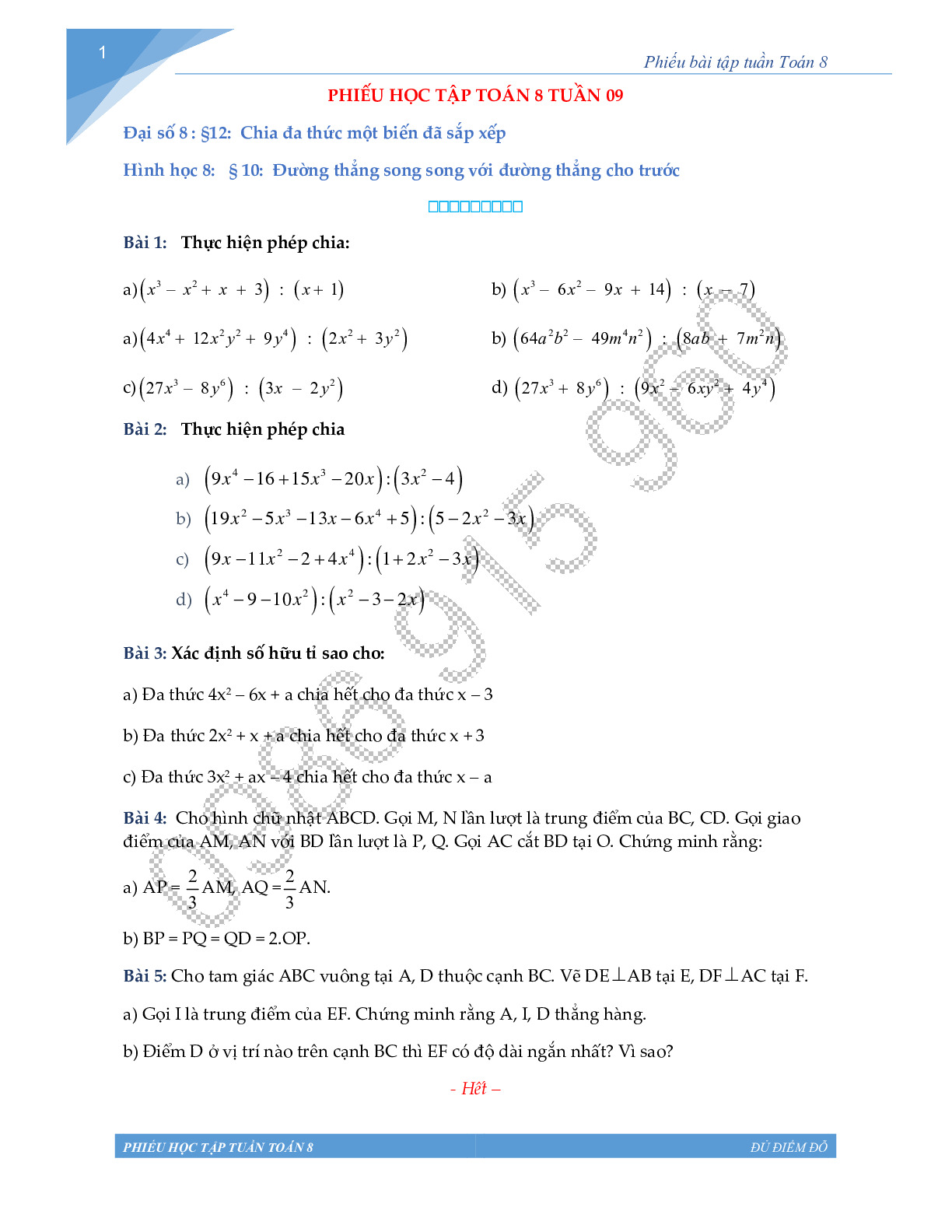 Toán 8 - Phiếu học tập tuần 9