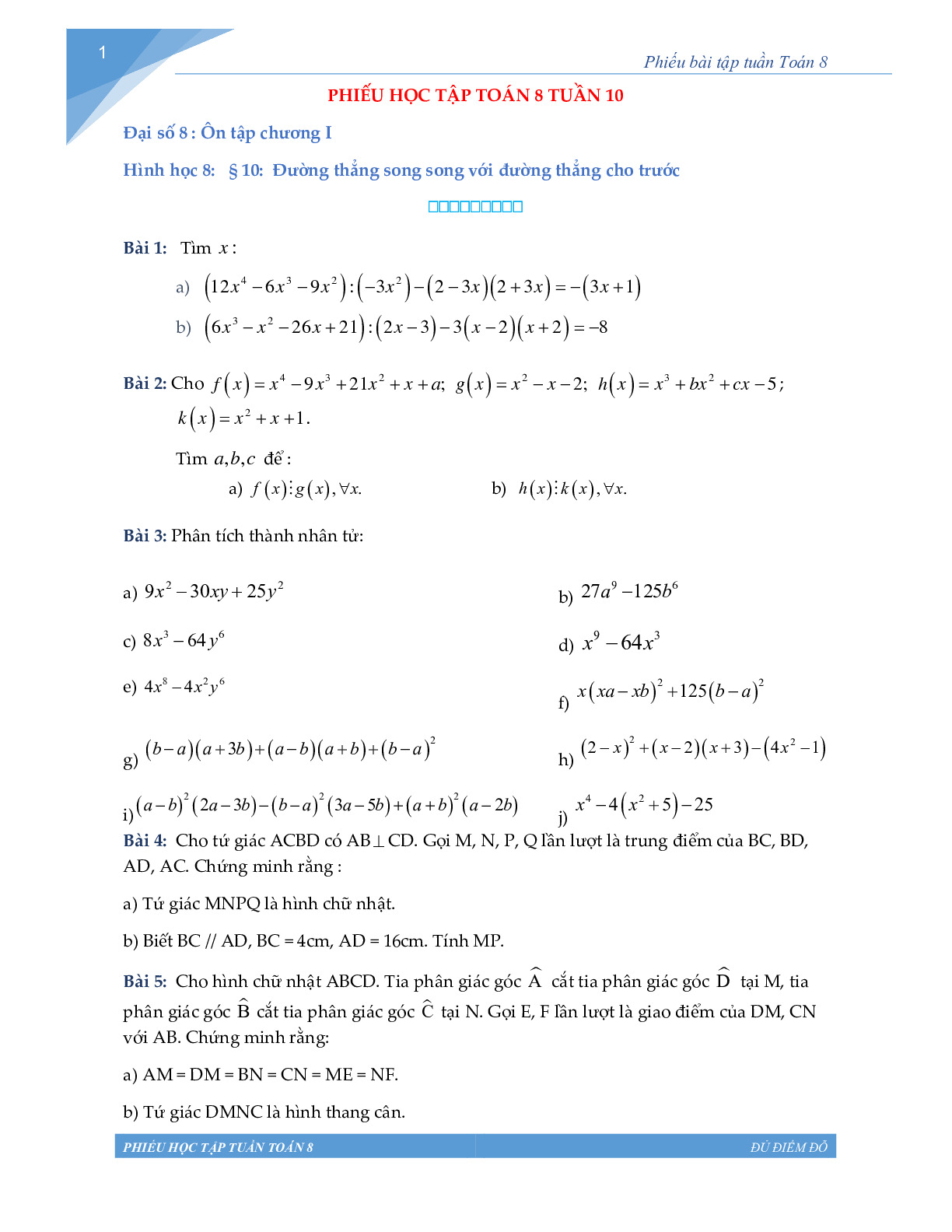 Toán 8 - Phiếu học tập tuần 10