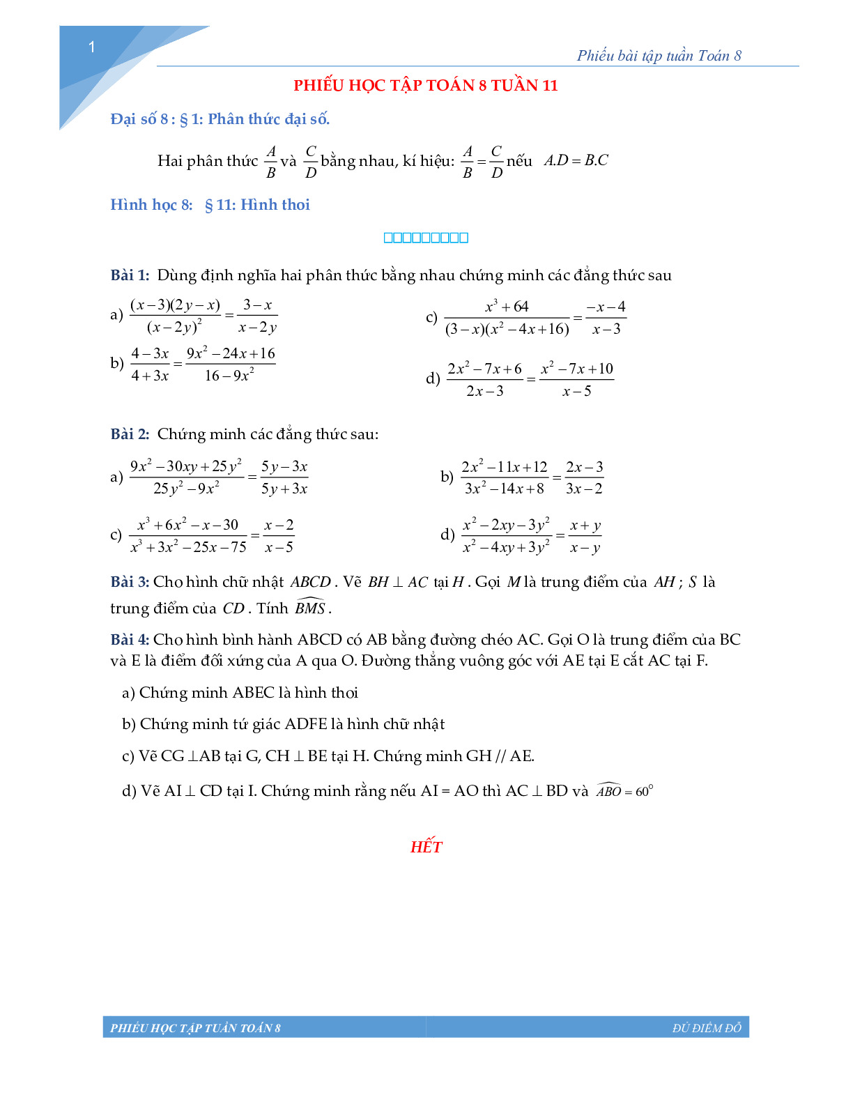 Toán 8 - Phiếu học tập tuần 11