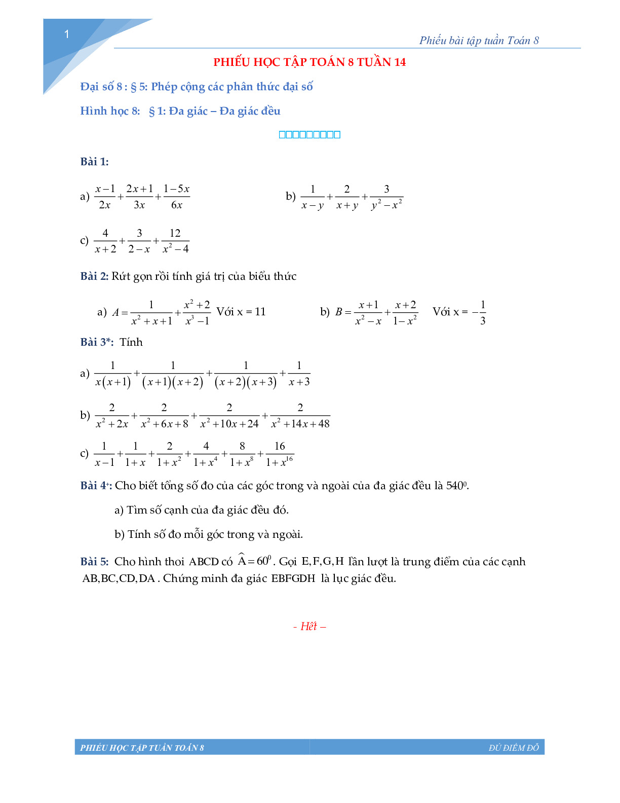 Toán 8 - Phiếu học tập tuần 14