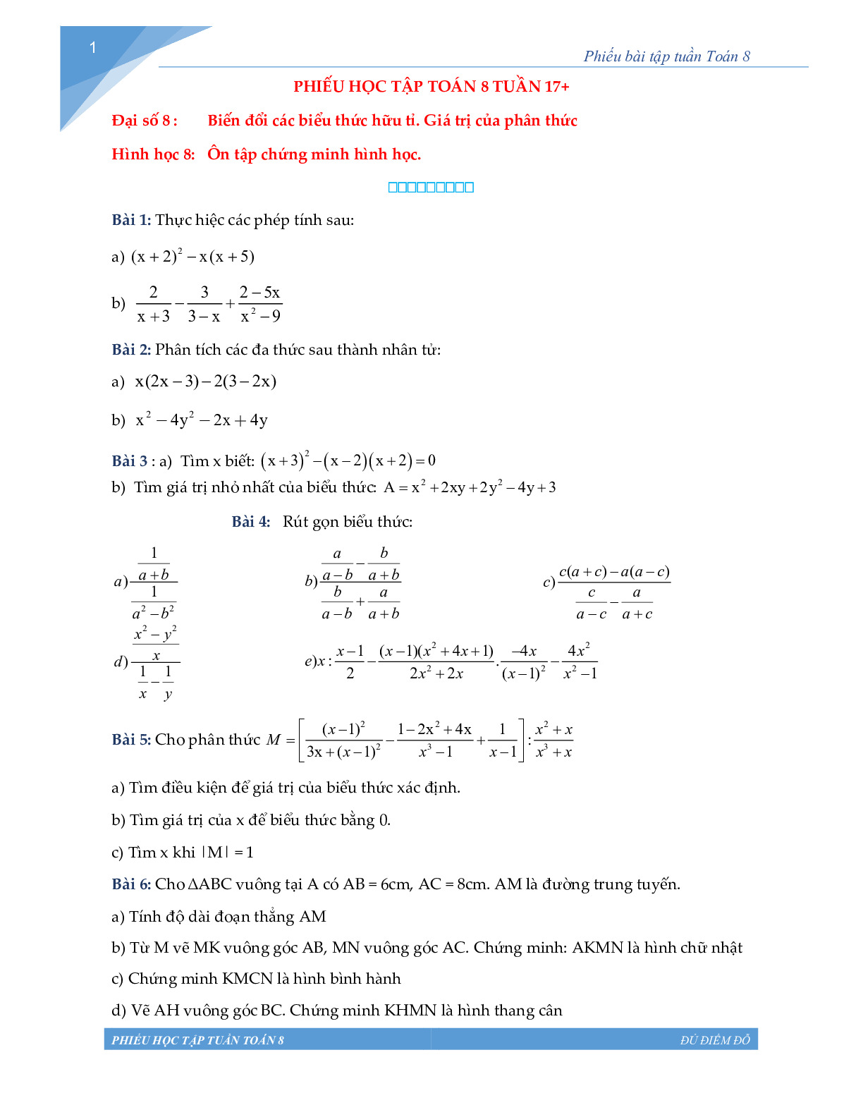 Toán 8 - Phiếu học tập tuần 18