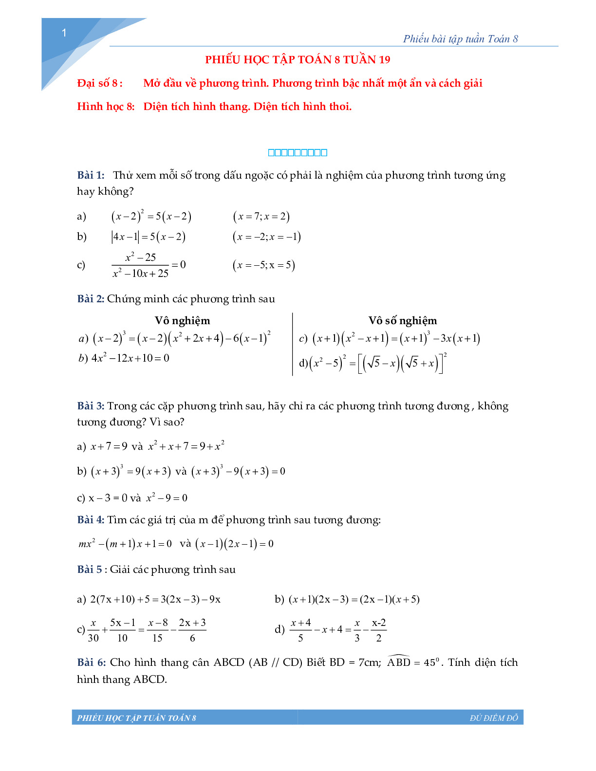 Toán 8 - Phiếu học tập tuần 19