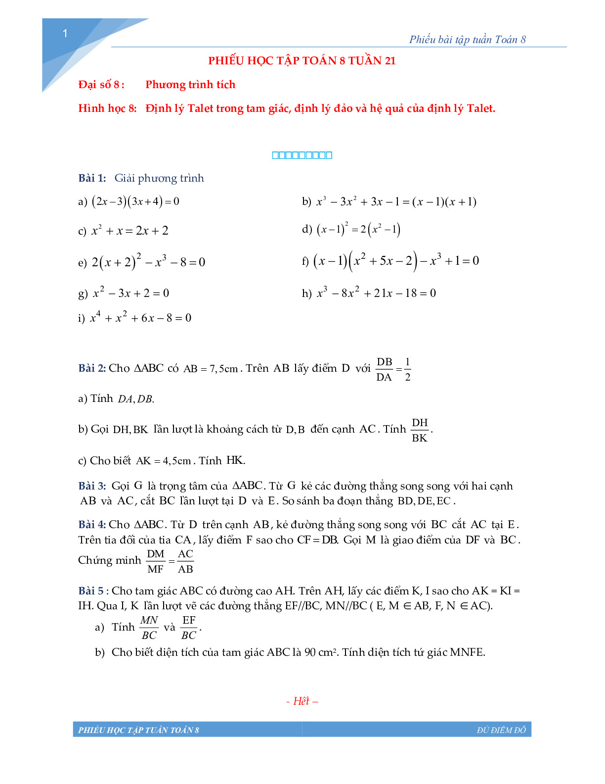 Toán 8 - Phiếu học tập tuần 21