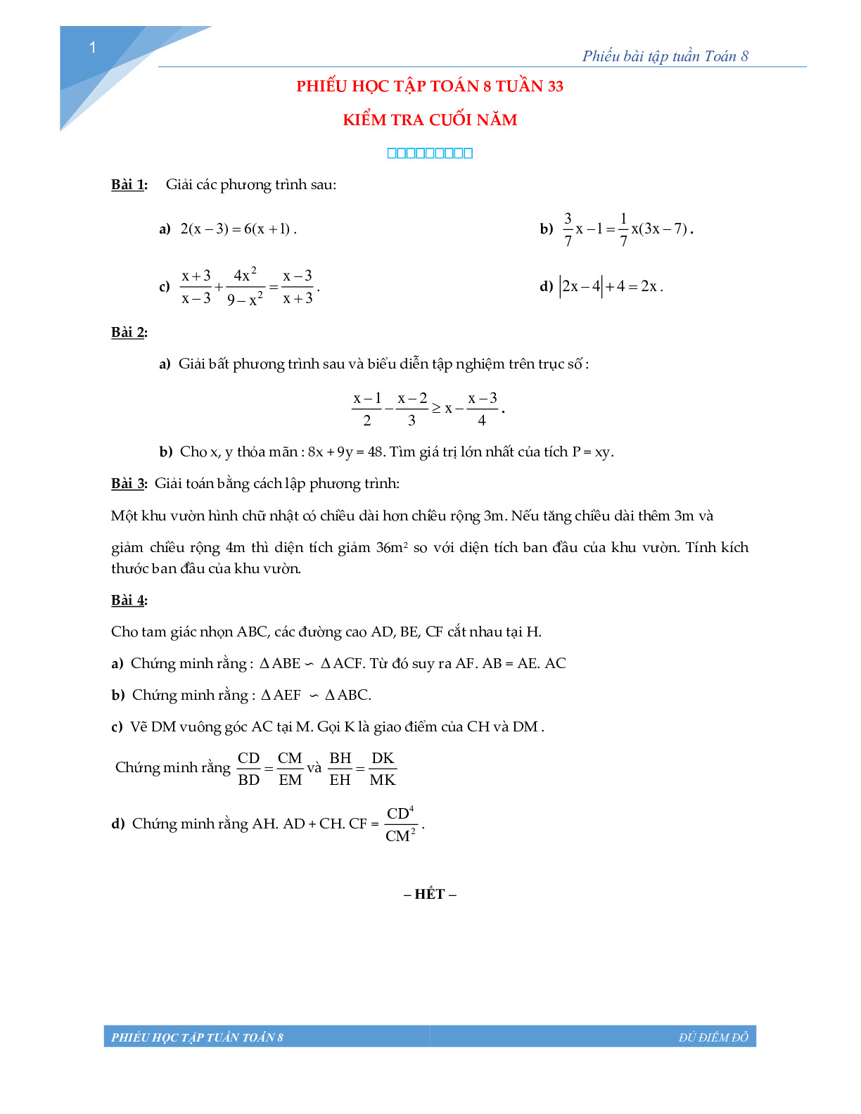 Toán 8 - Phiếu học tập tuần 34