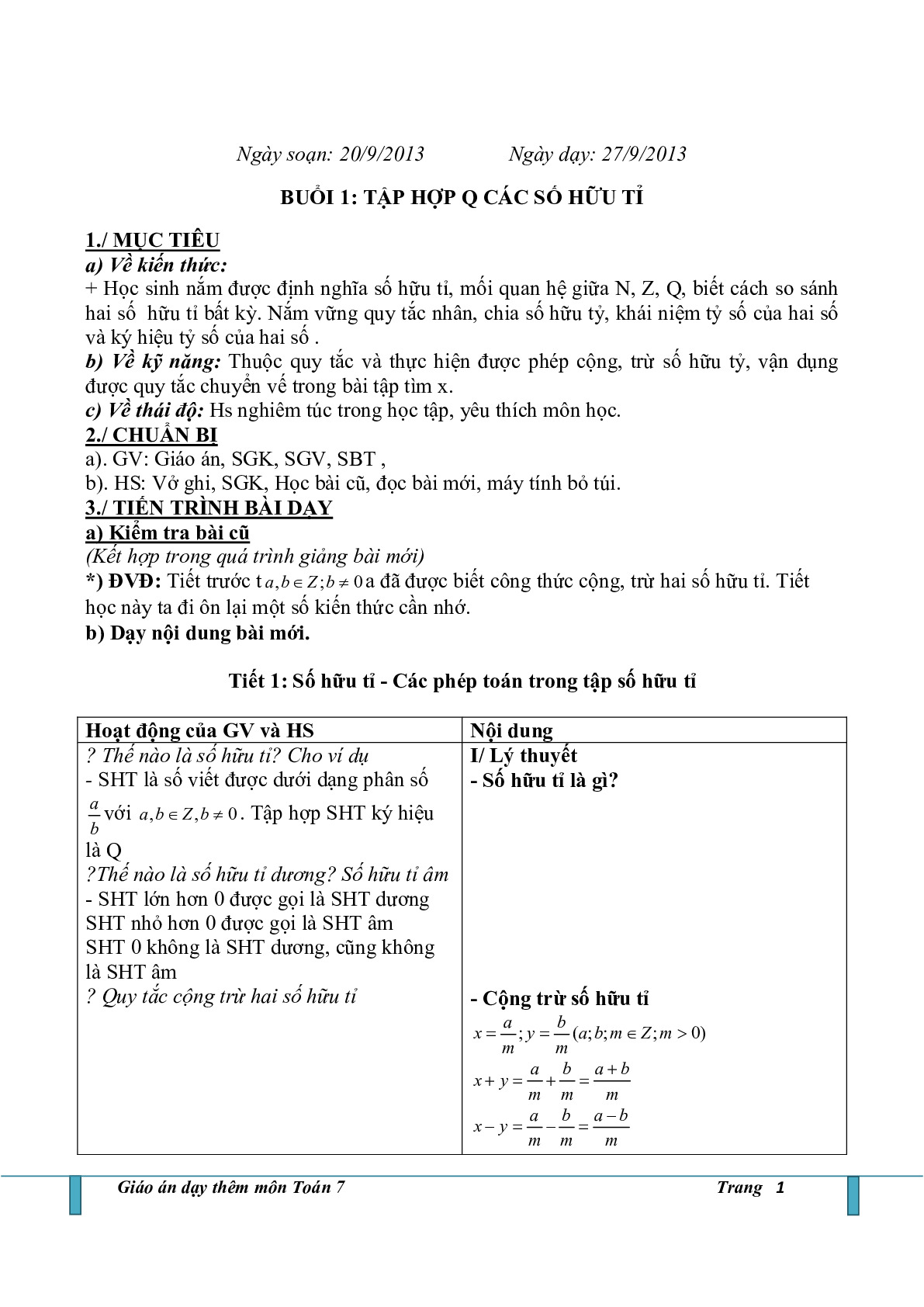 Toán 7 - Giáo án phụ đạo HK1