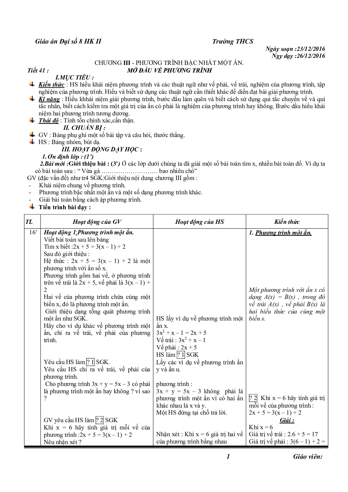 Toán 8 - Giáo án đại số 8 HK2