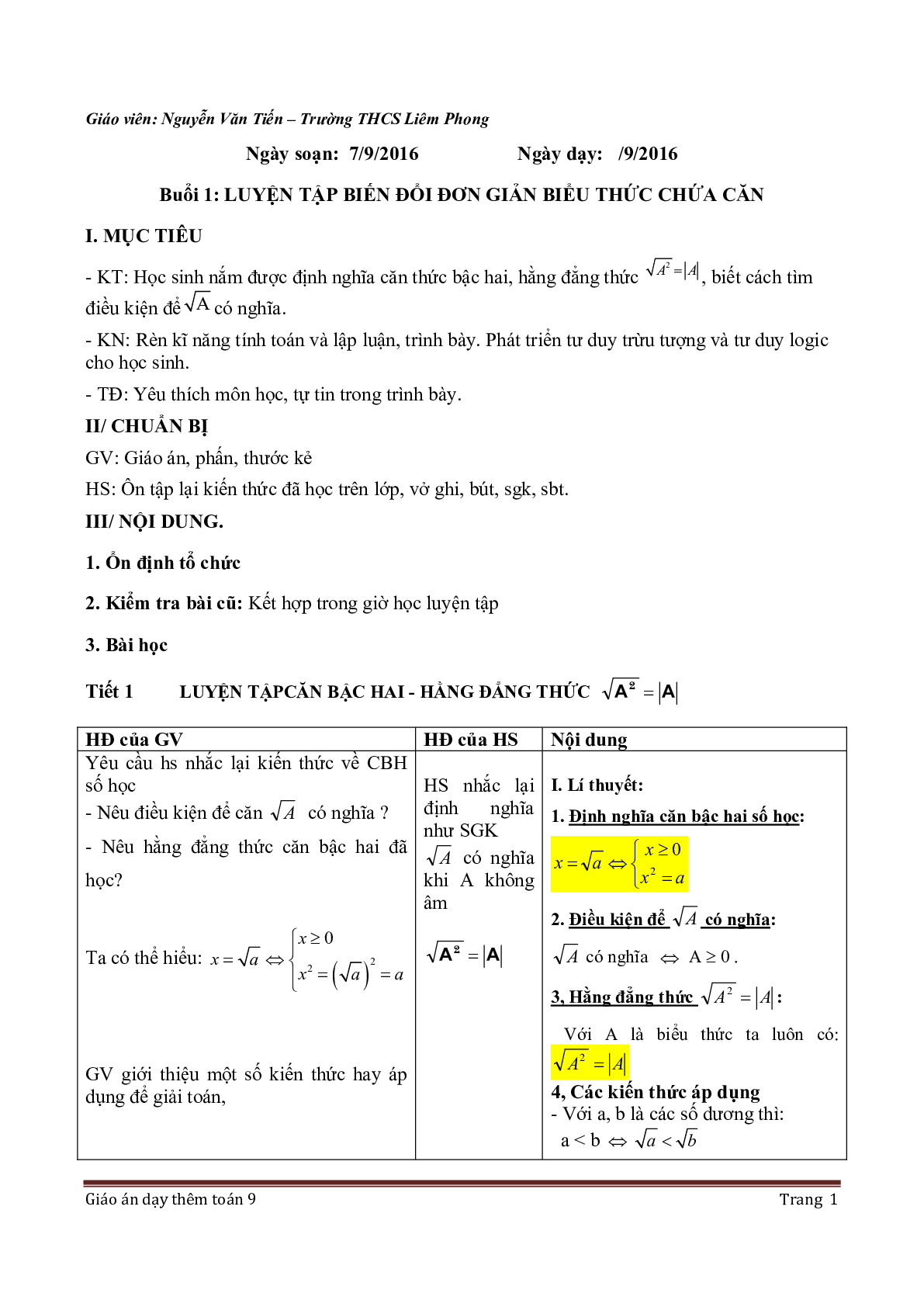 Toán 9 - Giáo án dạy thêm HK1