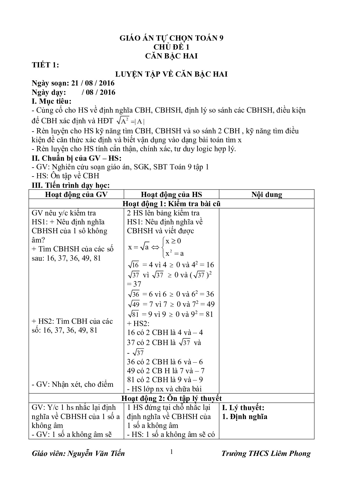 Toán 9 - Giáo án tự chọn