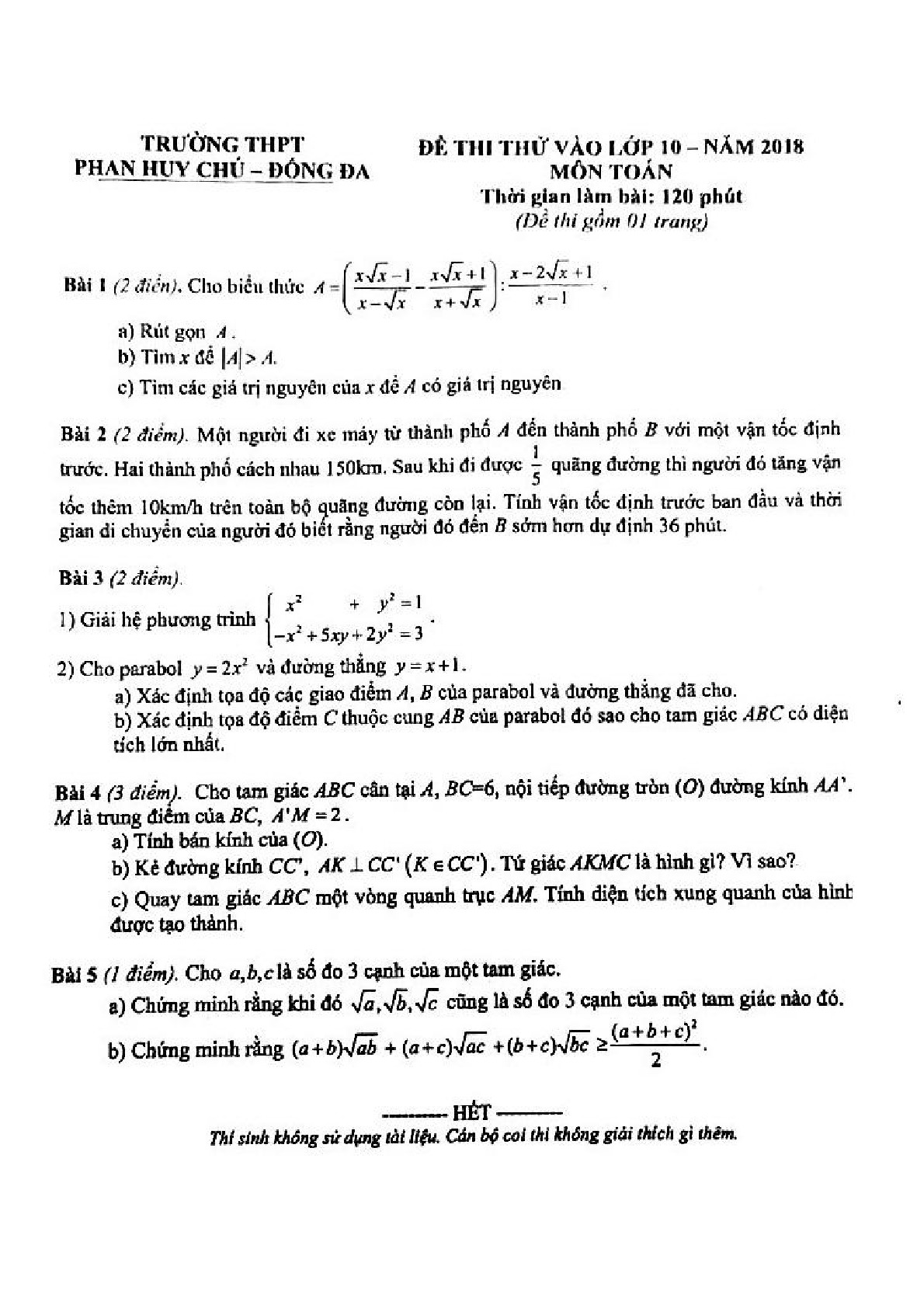Đề thi thử vào 10(có đáp án) môn Toán Phan Huy Chú - Đống Đa - Hà Nội năm 2018