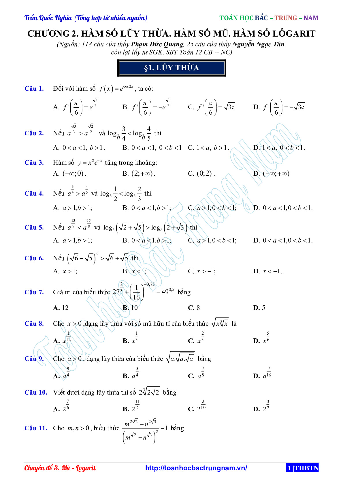 Toán 12 - Chương 2 Lũy thừa - Mũ - Logarit