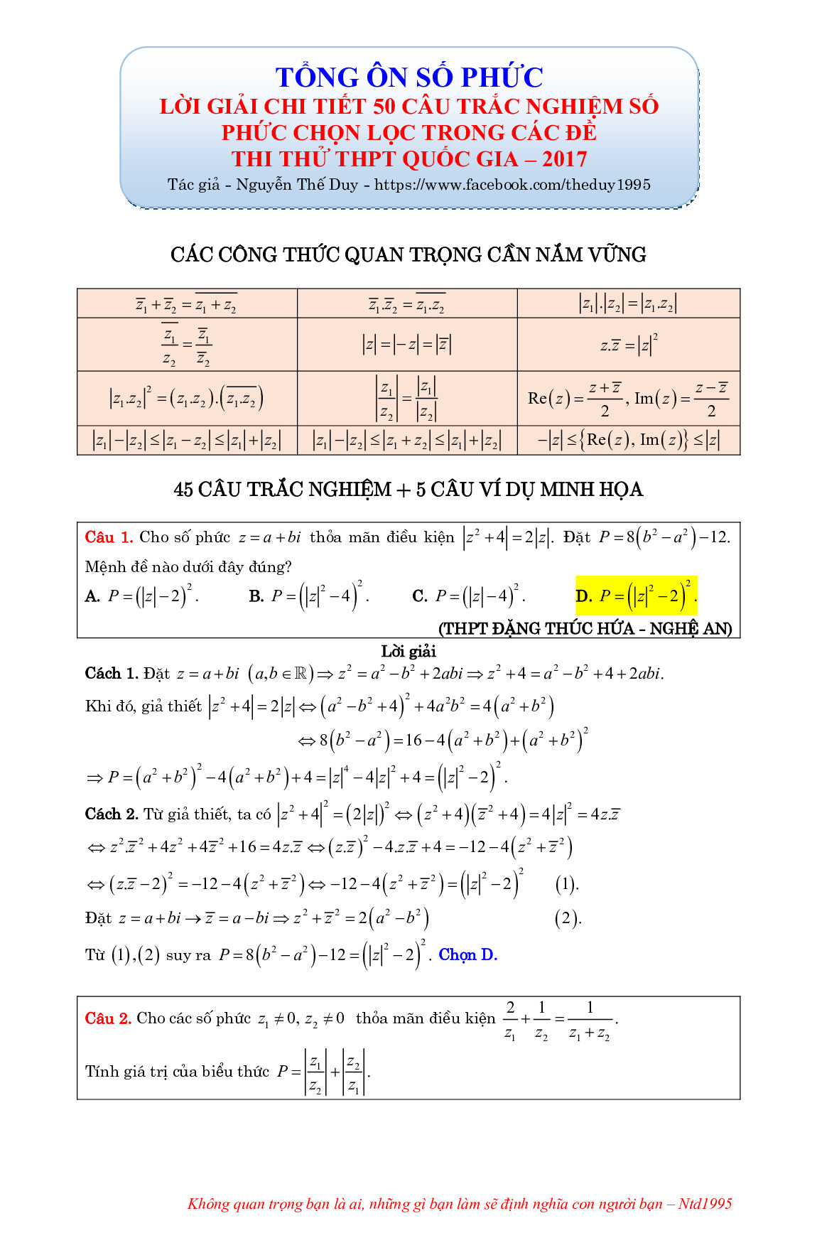 Toán 12 - Giải chi tiết 50 câu trắc nghiệm số phức chọn lọc trong các đề thi thử - Nguyễn Thế Duy