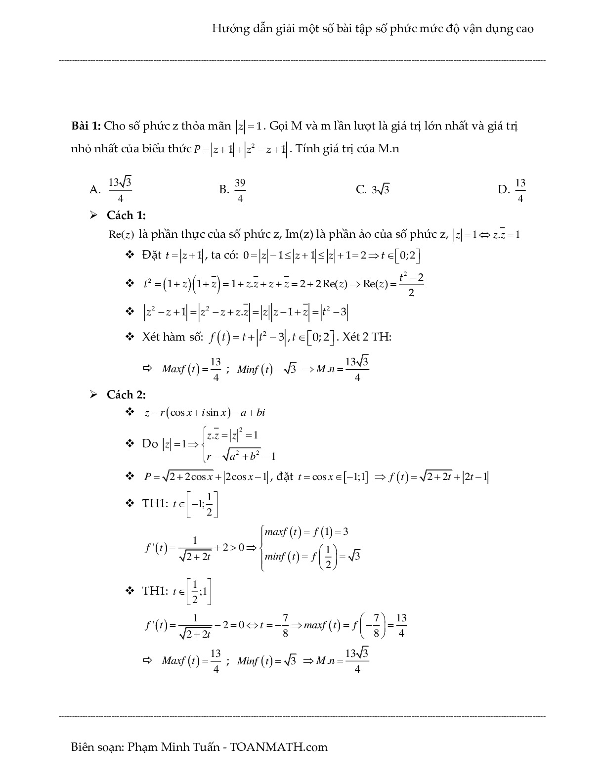 Toán 12 - Hướng dẫn giải một số bài tập số phức mức độ vận dụng cao - Phạm Minh Tuấn